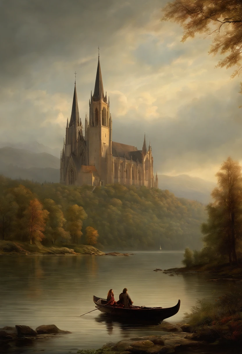 a painting of a painting of a cathedral with a young woman in a boat in the water on a lake, (junge Frau mit Sonnenschirm im Boot), ein Matte Painting von Friedrich Gauermann, Pinterest (Englisch) (Englisch) (Englisch), Gotische Kunst, carl friedrich, Neugotische Kunst, berthold woltze, inspirierende gotische Architektur, Gotische Kathedrale, Gotische Malerei, Gotische Architektur, Late Gothic sacred painting, sebastian pether, asher david friedrich, Stil der deutschen Romantik