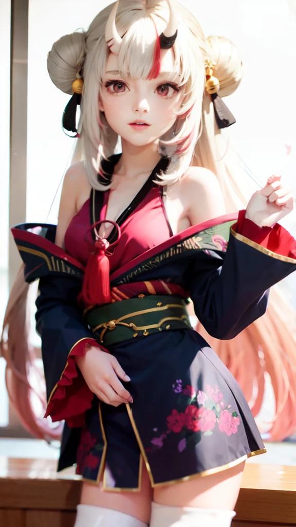a cute 18 years old girl, standing, facing viewer, looking at viewer, viewer form head to thigh, Nakiri Ayame, long hair, double bun, AyameBase, black kimono, hair bell, obi, white thighhighs, bare shoulders, long sleeves
