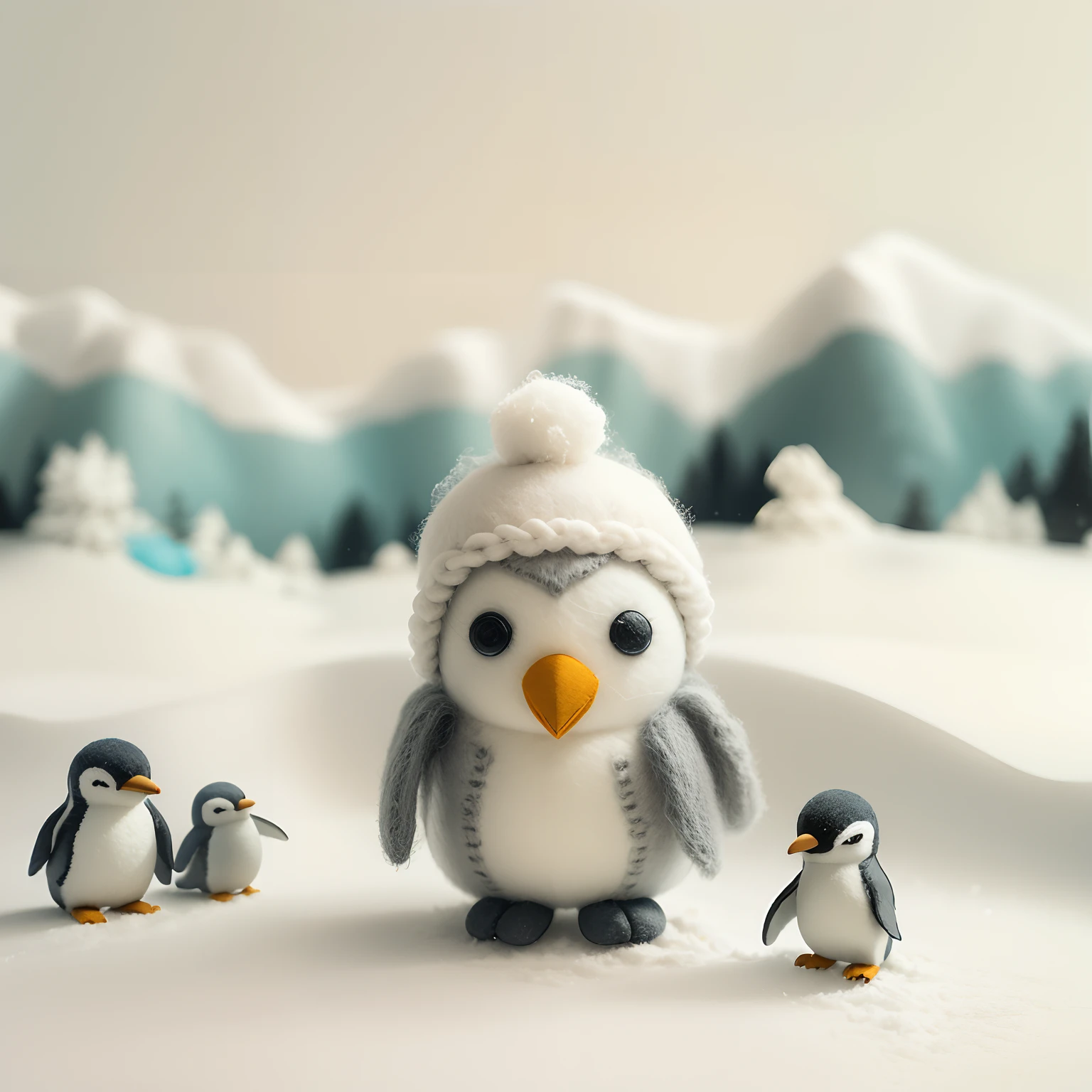 (tmasterpiece, best qualtiy,8K, RAW photogr, realisticlying, absurderes:1.2),The world of wool felt,wool knitted fabric,Snowy mountains made of wool felt,Cute penguins made of wool felt,Ice and snow made of wool felt,Cartoon Antarctic landscape,super adorable,Photorealistic, Ultra-detailed, finedetail, high resolution,Jon Klassen,In Studio Ghibli style,