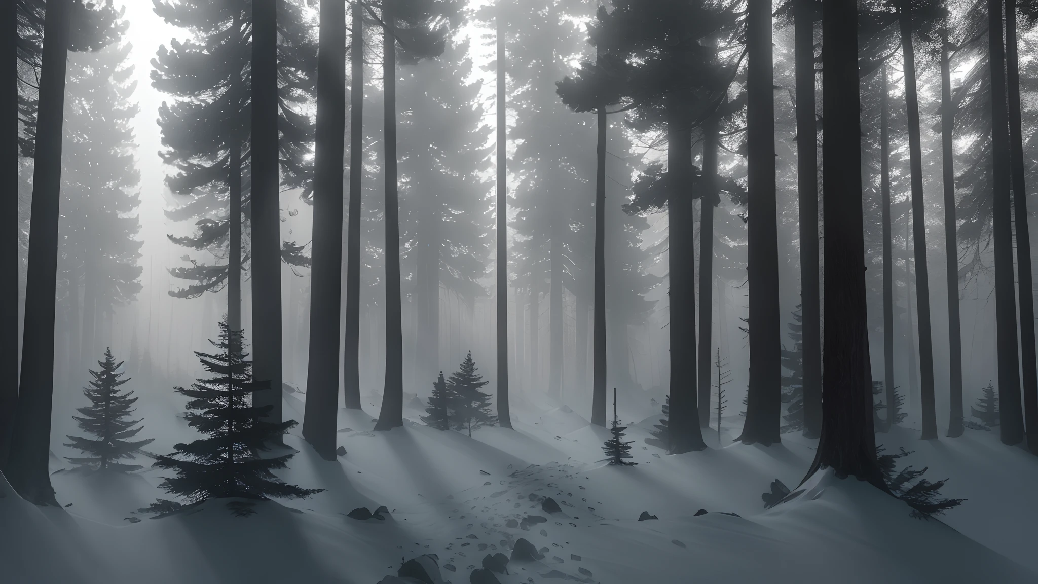 Dense pine forests 4k quality highly dense with fog almost no visibility due to fog dark cloudy daytime  almost no sunrays 10 percent  visibility due to fog traditional 90's lamp nearby. Hyper realistic 4k quality