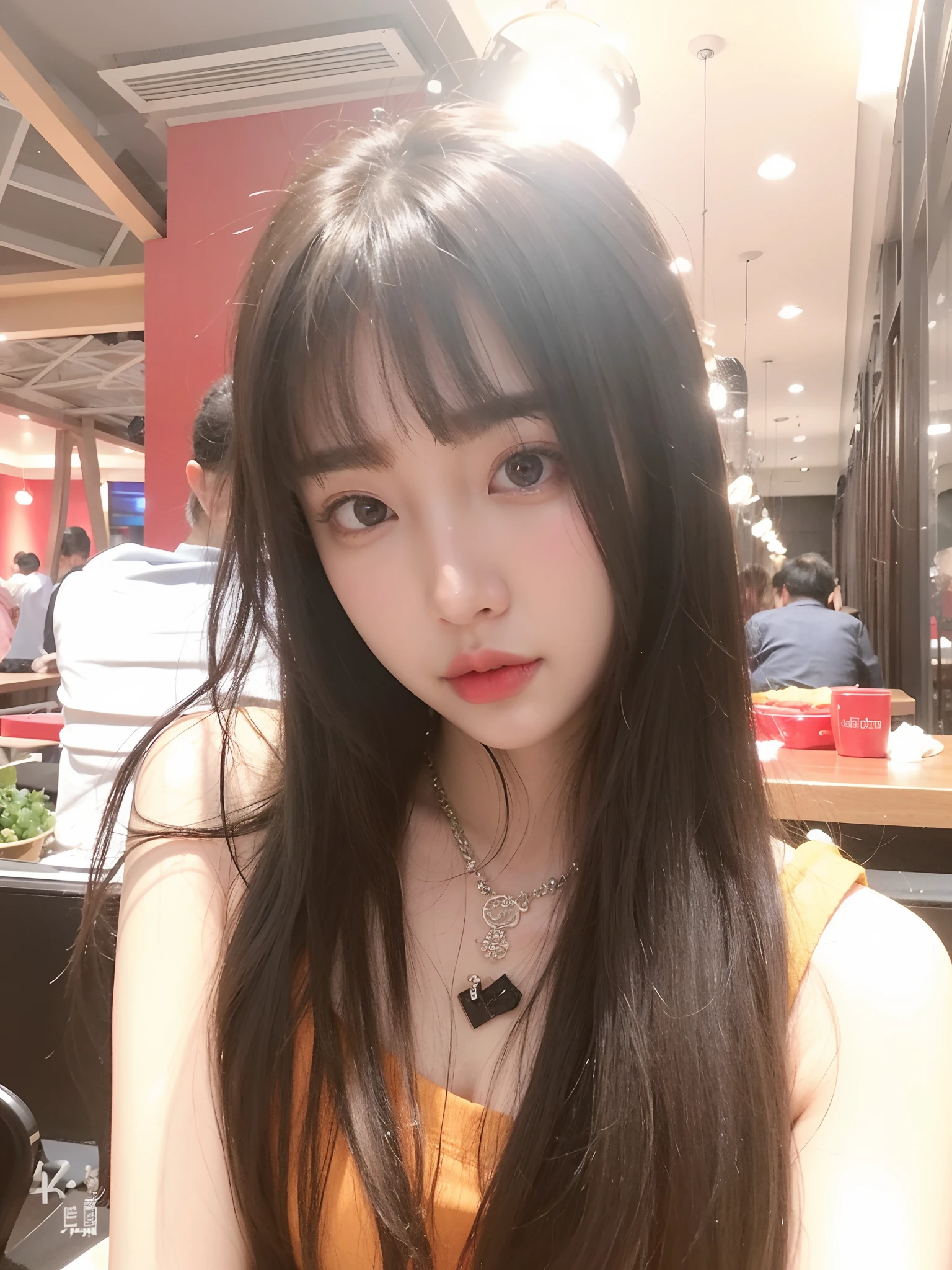 Arakfi Asian woman，Long hair and necklace sitting at the table, ulzzangs, lalisa manobal, hime-cut, jaeyeon nam, With bangs, xintong chen, kanliu666, zmonzheng, 19-year-old girl, Shin Jinying, Korean girl, xision wu, sakimichan