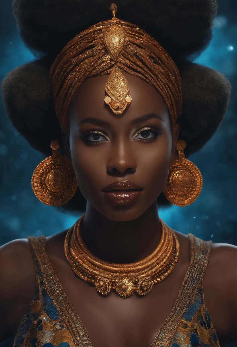 (Professional 3D rendering:1.3) de (Realistic:1.3) Foto de arte mais bonito do mundo,(((SOMENTE O ROSTO)))Yemanja, orisha, rainha africana,roupas azuis,Orixá queen of the oceans,cores azuis, vestindo um ade detalhado e intrincado, olhar materno, cosmic goddess,impressionismo,Afrofuturista, corpo inteiro 8k unidade render, poros da pele, very dark lighting, sombreamento pesado, circunstanciado, rosto detalhado, (Vibrando, fotografia realista, Realistic, Dramatic, Escuro, foco nítido, 8k), (Roupas africanas de tribos :1.4), ((((use tecidos)))), (intrincado:1.4), decadente, (altamente detalhado:1.4), Pintura digital, rendering by octane, art stations, conceito-arte, liso, foco nítido, germe da arte, (Loish:0.23), Wlop Ilya Kuvshinov, e greg rutkowski e alphonse mucha gracias, (global ilumination, studiolight, light volumetric), beira do mar, floating particles,(((close-up rosto))), ((Fundo escuro noite estrelada:1.3)),CGSesociedade,art stations