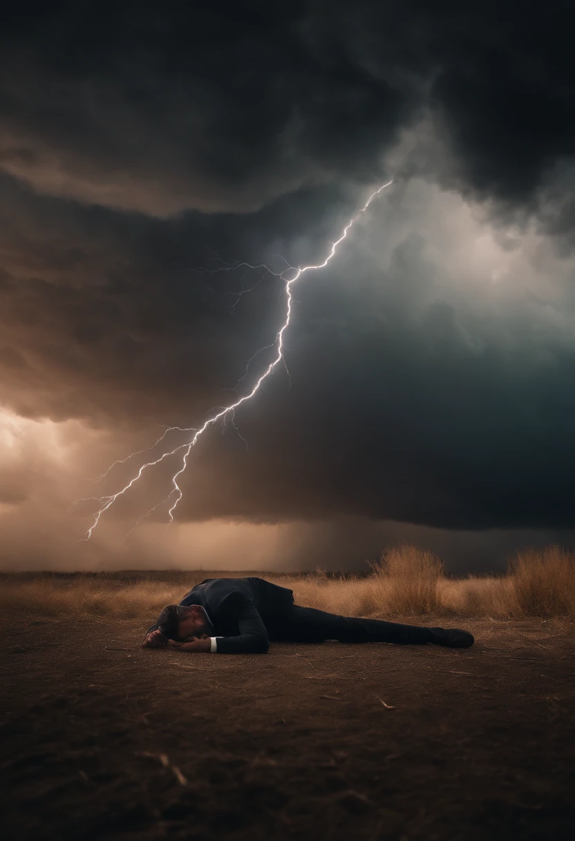 An ultra realistic 8k image of lucifer lying on the ground extremely embarrassed, while God, with his radiant aura, looks at you from the heavens with great anger.,An apocalyptic-style setting with storm lightning falling from the skies