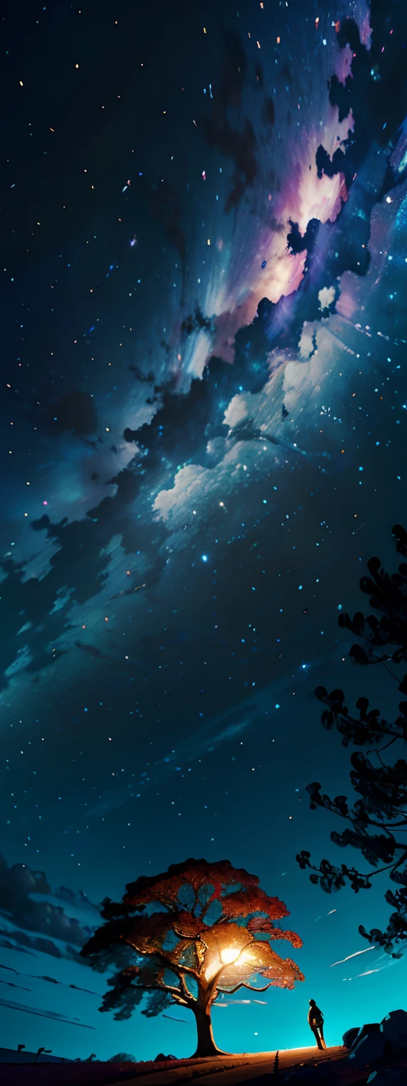 fotografia de paisagem expansiva, (a view from below that shows the sky above and the open field below), A soldier standing in a field of hops looking up, (pegue a chave: 1.2), (estrelas cadentes: 0.9), (nebulosa: 1.3), montanha distante , BREAK tree production art, (fonte de luz quente: 1.2), (Pirilamplighto: 1.2), lamplight, muito roxo e laranja, detalhes complexos, volumetric lighting BREAK (obra-prima: 1.2), (melhor qualidade), 4k, ultradetalhado , (dynamic compositing: 1.4), detalhes coloridos altamente detalhados (cores iridescentes: 1.2), (bright illumination, Atmospheric Illumination), sonhador, Magia, (sozinho: 1.2)
