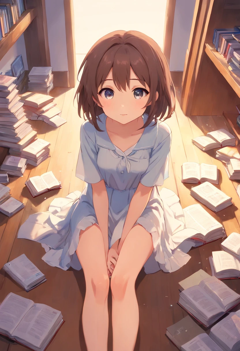 Cute loli,Barefoot,Tummy down,head looking up,Raise your feet,shift dresses,white panties,largeeyes,Anime cute face,looking at book,Wet da,slowly pulling panties down