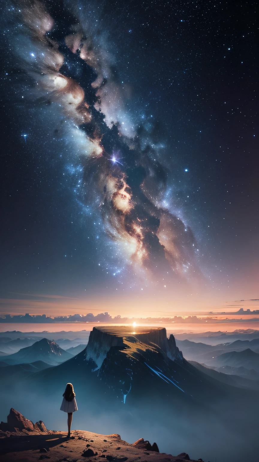 Surrounded by fantastic landscapes, galaxies in the sky, the moon and the universe. The image of a girl standing alone in the landscape. High image quality down to the smallest detail.