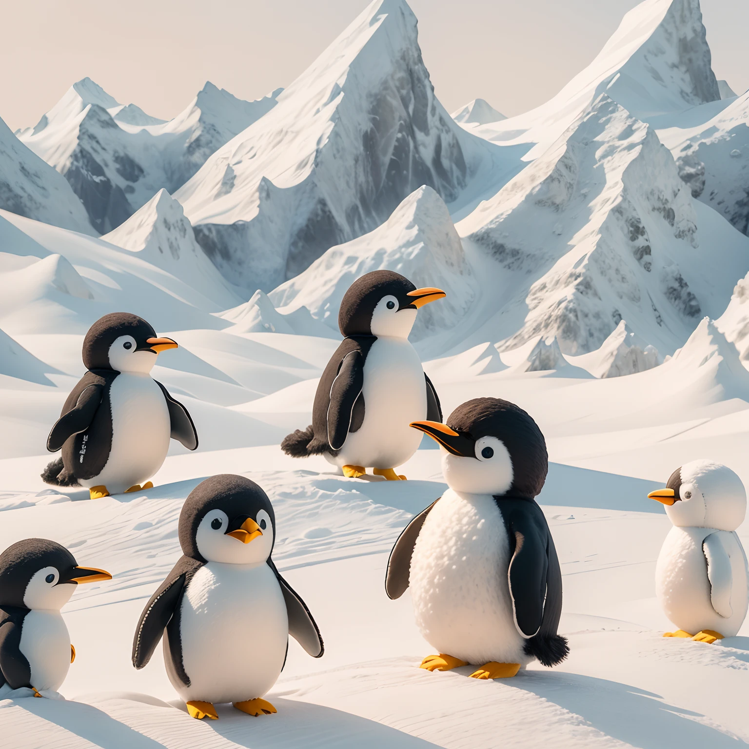 (tmasterpiece, best qualtiy,8K, RAW photogr, realisticlying, absurderes:1.2),The world of wool felt,wool knitted fabric,Snowy mountains made of wool felt and cute penguins made of wool felt,Cartoonish Antarctic landscape,super adorable,Photorealistic, Ultra-detailed, finedetail, high resolution,