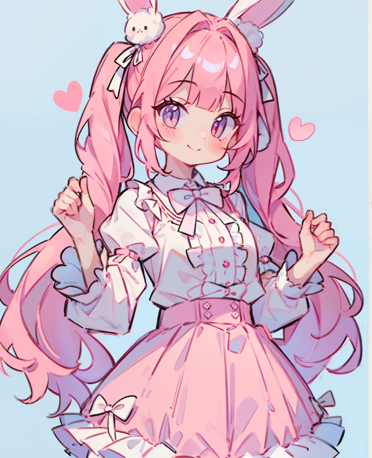 1girl in, pinkhair, long twintail, Pink blouse, Fluffy collar, White and fluffy skirt, White ribbon on hair, Lots of hair ornaments, ****ta, full bodyesbian, Rabbit Ear Pose, a smile