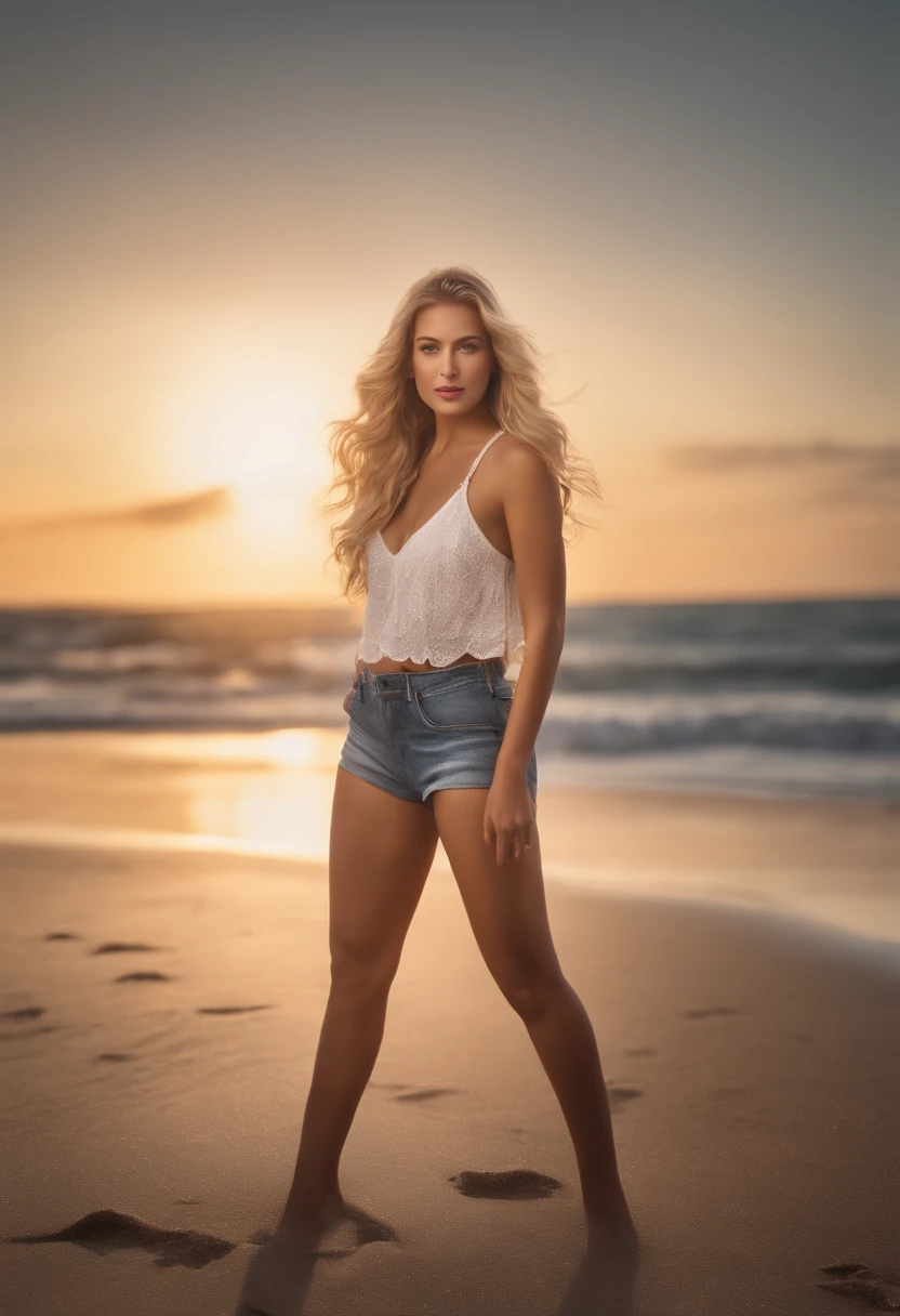 A slim, beautiful young blonde woman, walking on a sandy beach, fearful expression,  long blonde hair, straight hair, ripped shorts, torn bra, dark stormy sky, clouds, wind, palm trees blowing, rough surf, waves crashing on shore, 8 k [sensual lighting], night outdoors, under the stars, 4k extremely photorealistic, cgsociety uhd 4k highly detailed, trending on cgstation, night time