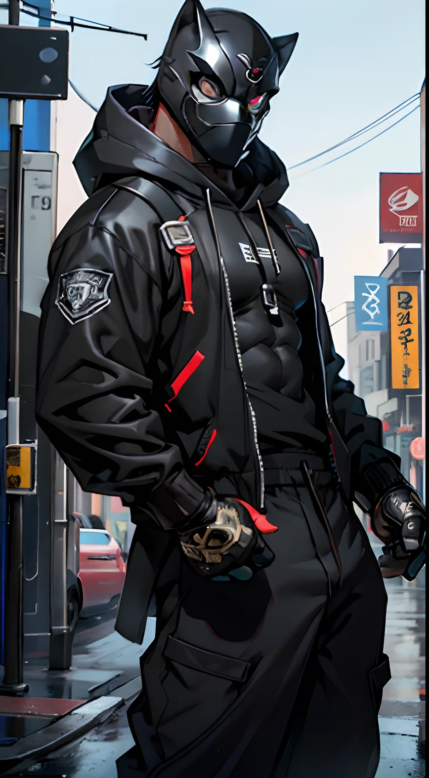 black TenguMask, 1man, man, black man, muscular build, shredded physique, tall, black faceless mask, mask that covers entire head, no face holes, black hoodie, black baggy pants, black boots, metallic silver gloves, Milwaukee background, extremely highly detailed, glowing, ultra high definition, 8k, unreal engine 5, unity, ultra sharp focus, DSLR, glamorous, glimmer, brush strokes, smooth, intricate artwork masterpiece