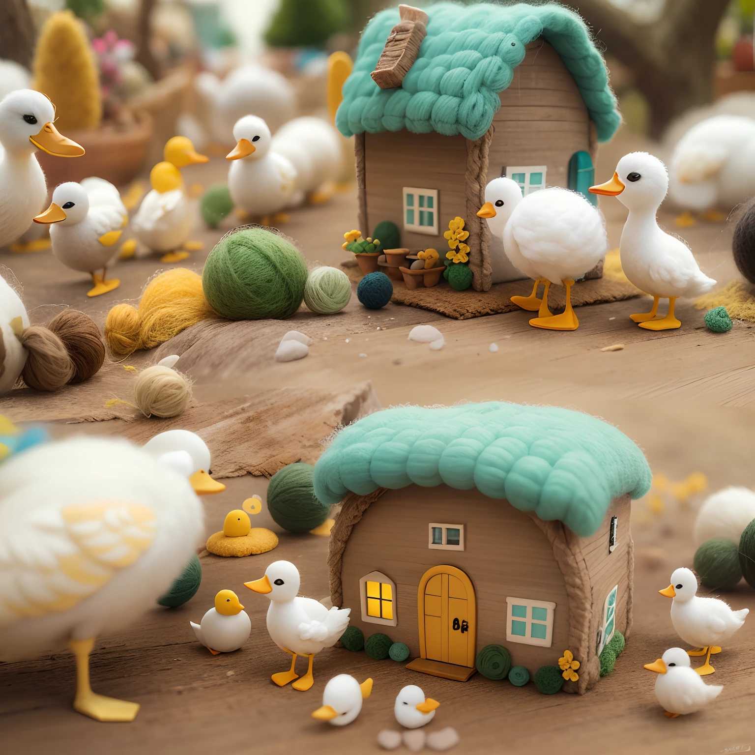 (tmasterpiece, best qualtiy,8K, RAW photogr, realisticlying, absurderes:1.2),A colorful world of wool felt,Wool felt made into farms,wool knitted fabric,Cute duckling made of wool felt,Cartoony,Small house of wool felt,Wool felt meadows,Wool felt tree,Wool felt flowers,super adorable,Photorealistic, Ultra-detailed, finedetail, high resolution,