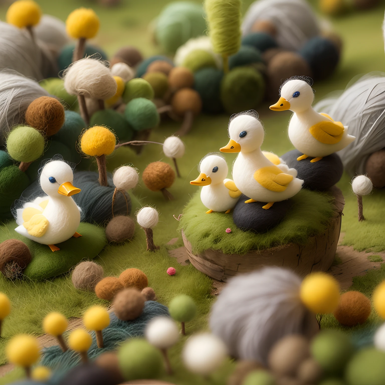 （tmasterpiece， best qualtiy，8K， RAW photogr， realisticlying， absurderes：1.2），A colorful world of wool felt，Wool felt made into farms，wool knitted fabric，Cute duckling made of wool felt，Cartoony，Small house of wool felt，Wool felt meadows，Wool felt tree，Wool felt flowers，super adorable，Photorealistic, Ultra-detailed, finedetail, high resolution,