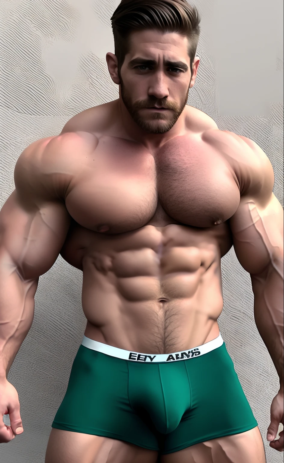 Jake Gyllenhaal in full body, in underpants, Inflated body, Excessively large body, inflated muscles, hairy chest, bulge on panties, Excessively hairy chest with large pectoral muscles, Full-length, huge muscles, large muscular body, hairy armpits, hairy body, a huge bulge on the underpants, Growing muscles, Muscle Enlargement, Excessively muscular body, hairy armpits, Excessive body hair, huge muscles, Huge muscles crush the head, A giant, Enlarged back muscles, Excessive Giant Body, enlarged pectoral muscles, Lots of veins, Excessively huge muscular body, hairy armpits, hairy chest