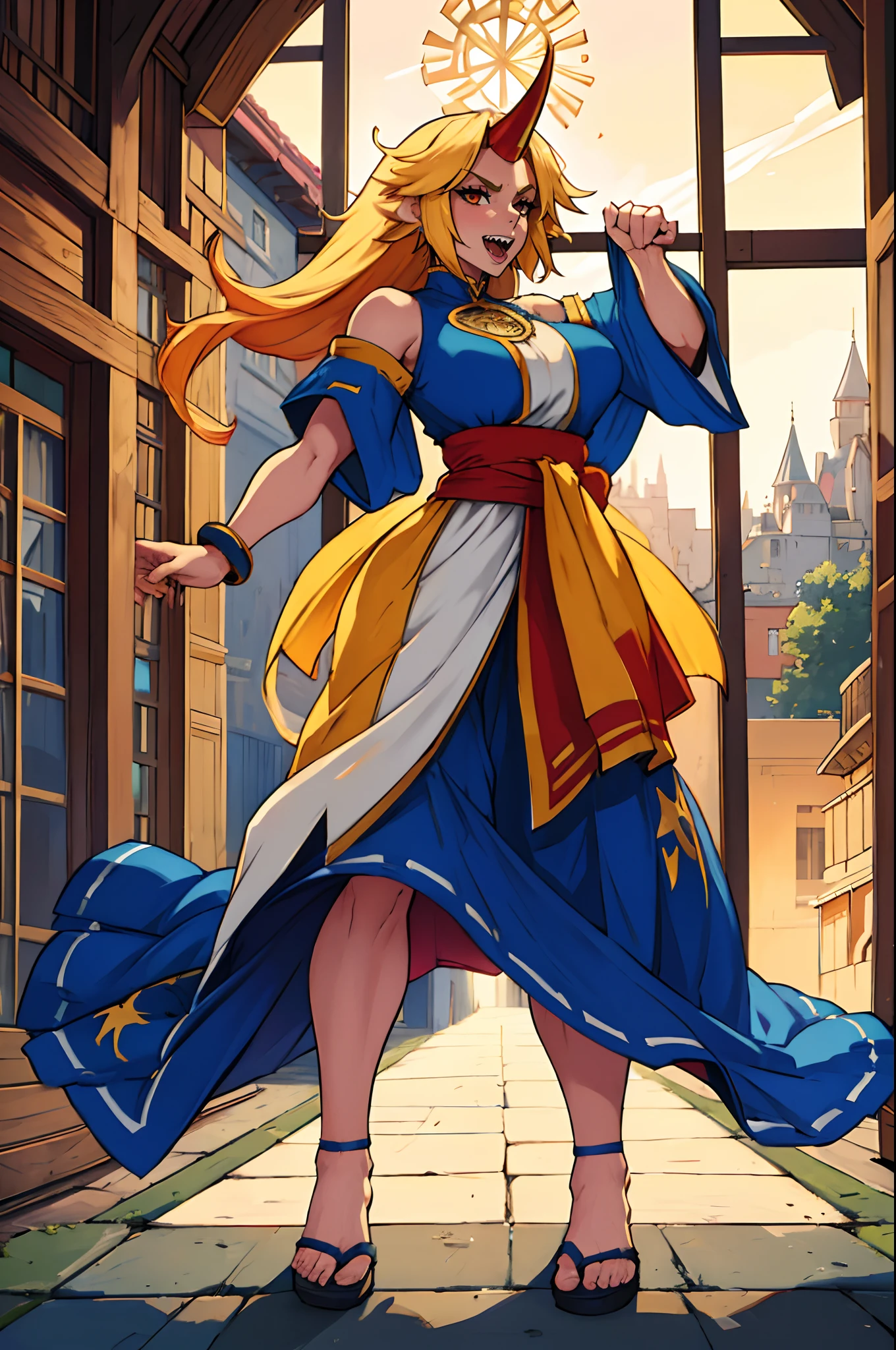 hoshiguma yuugi, european medieval cloths, crazy smile, medium breast, large skirt, long skirt, flipflops, full body, standing, medieval clothing,long skirt,(best quality,4k,8k,highres,masterpiece:1.2),ultra-detailed,(,1.37),portraits,vivid colors,warm tones,soft lighting, sharpteeth open mouth ,smile