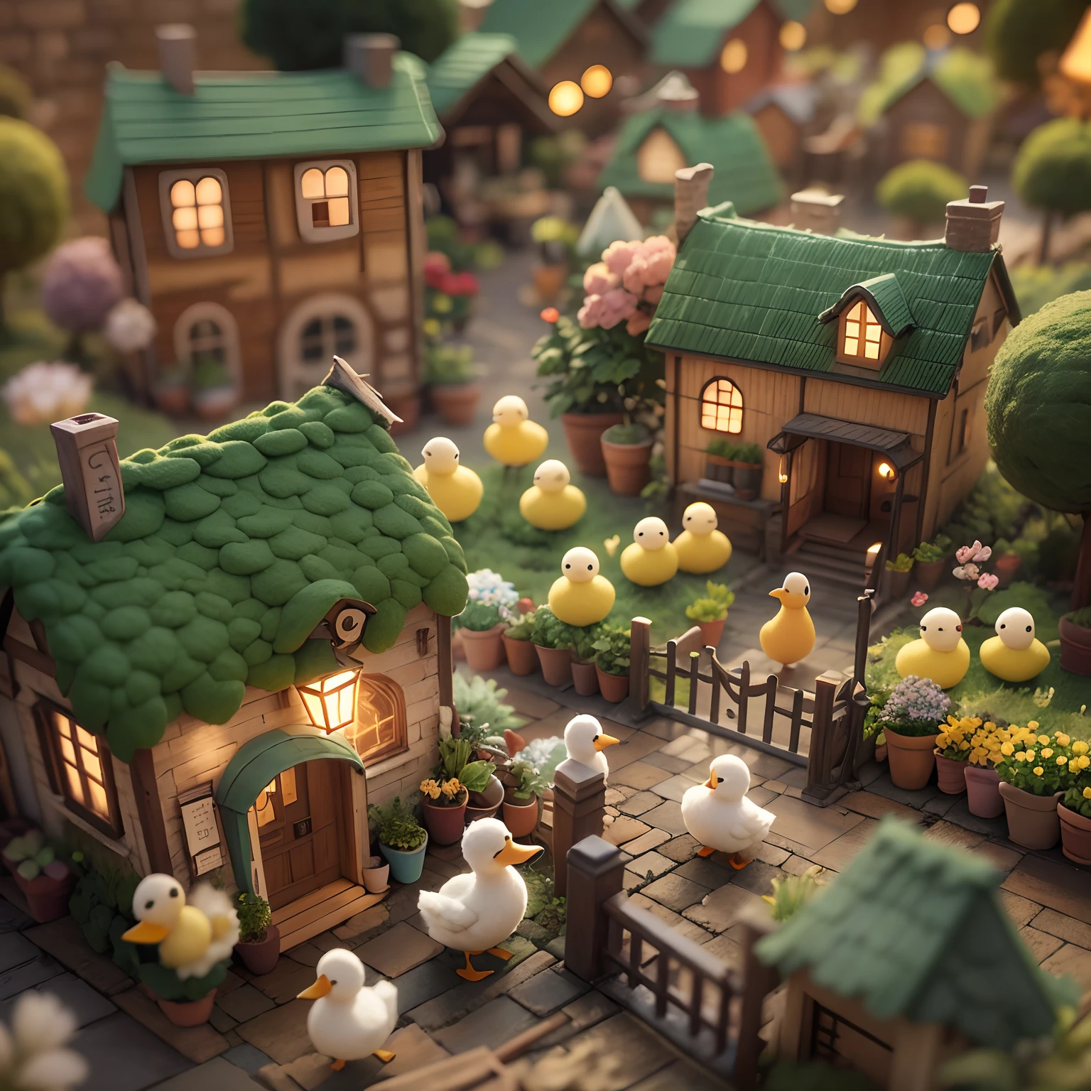 cute world of wool felt，wool knitted fabric，Cartoony，Some small houses，farms，barrack，warehouses，Flower shop，super adorable，Cute duckling made of wool felt，masterful lighting，volumetr，Jon Klassen，In Studio Ghibli style，Tilt - shift，80mm lens，largeaperture，。.3D，Blander，tmasterpiece，super detailing，best qualtiy