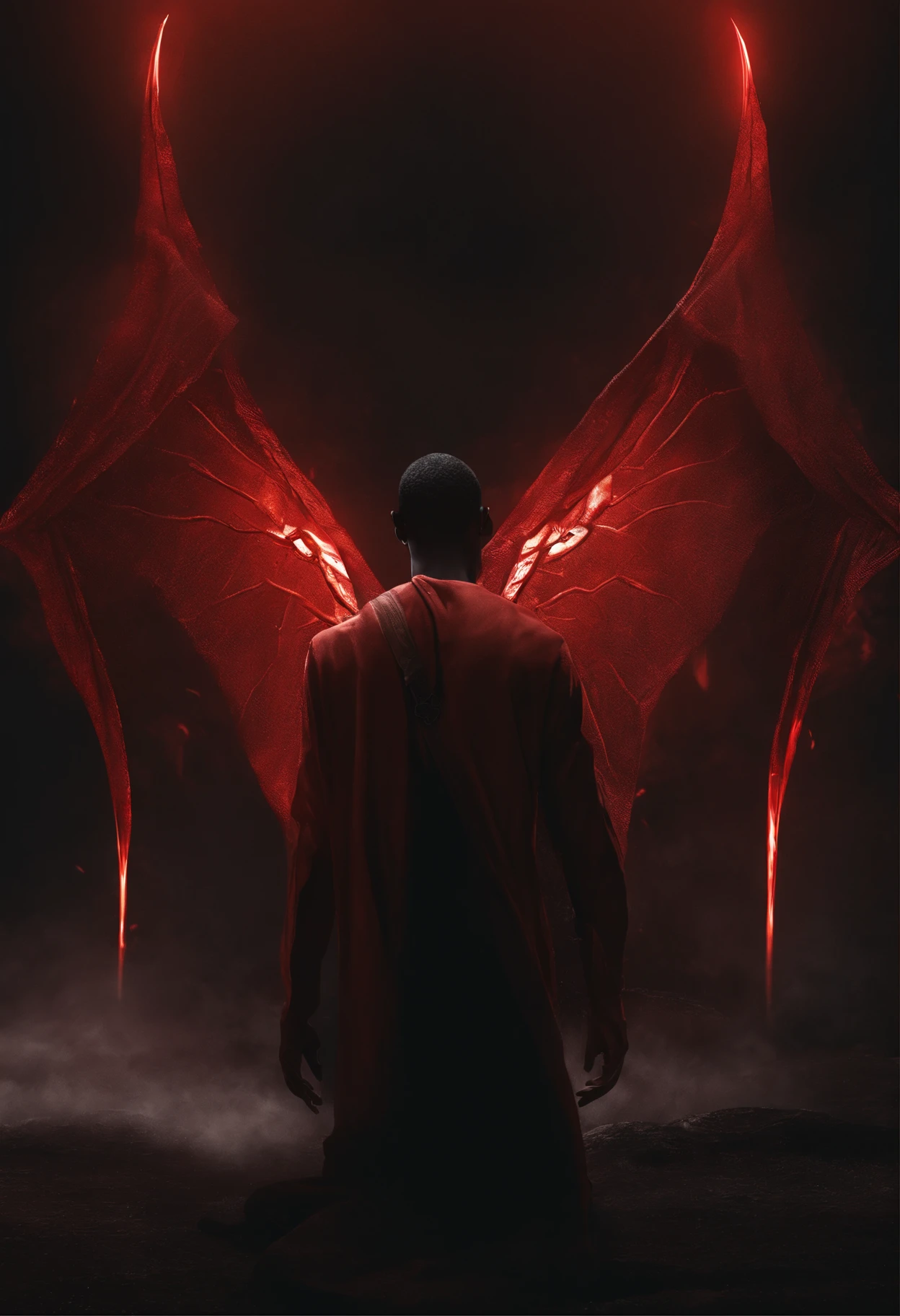 (best quality,highres,masterpiece:1.2),ultra-detailed,(realistic:1.37),(fantasy,kingdom) a black boy(19 years old:1.1) [red eyes], [red power], [tan to black color skin], [black cloth], behind him a [dark power], color eyes red [red eyes power], dark energey black [dark black energy out from his body], his body out from it dark power. fight a lot of devils and demons