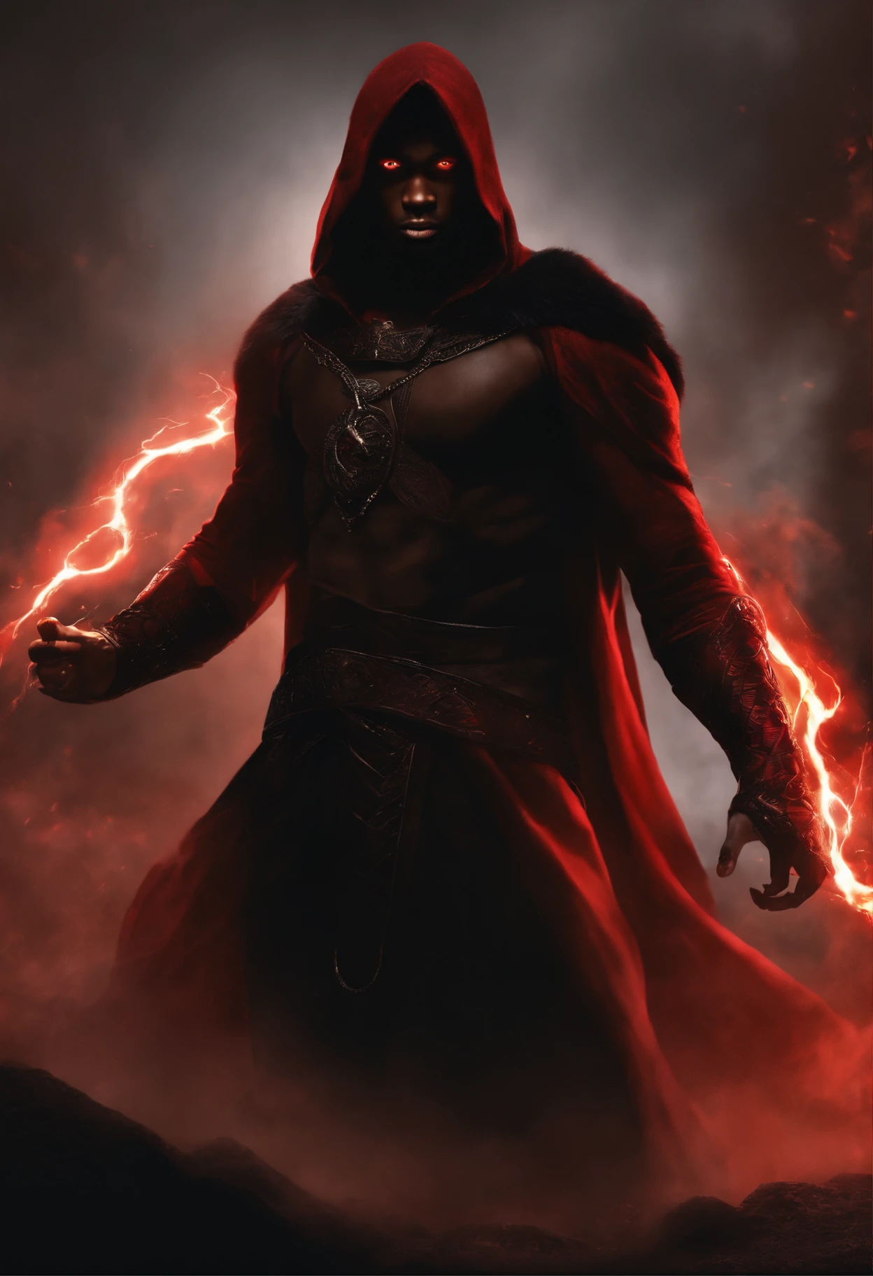 (best quality,highres,masterpiece:1.2),ultra-detailed,(realistic:1.37),(fantasy,kingdom) a black boy(19 years old:1.1) [red eyes], [red power], [tan to black color skin], [black cloth], behind him a [dark power], color eyes red [red eyes power], dark energey black [dark black energy out from his body], his body out from it dark power. fight a lot of devils and demons