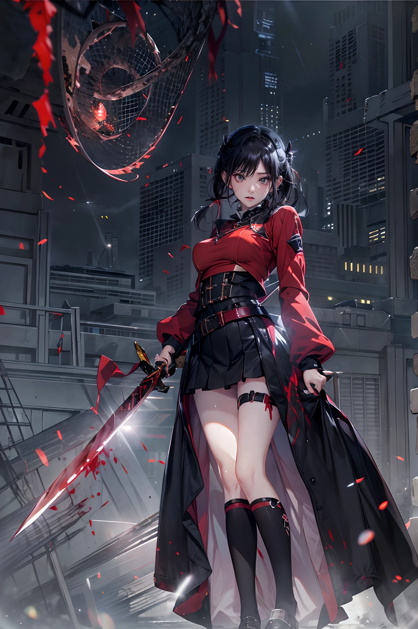of the highest quality、masutepiece、ultra-detailliert、1womanl、Solo、25-years old、(underboob:1.3)、(Jet black uniform:1.3)、(Lens Flare:1.4)、(angry looking face:1.2)、(short twin-tailed black hair:1.2),Forehead, Shiny hair, Delicate beautiful face,  masuter piece、scary atmosphere,Looking at Viewer、a red skirt、(Ruby eyes:1.2)Holding a Japan sword in his hand、Midnight Ruins、Blood on the face、red necklace、red earrings、Dark scenery