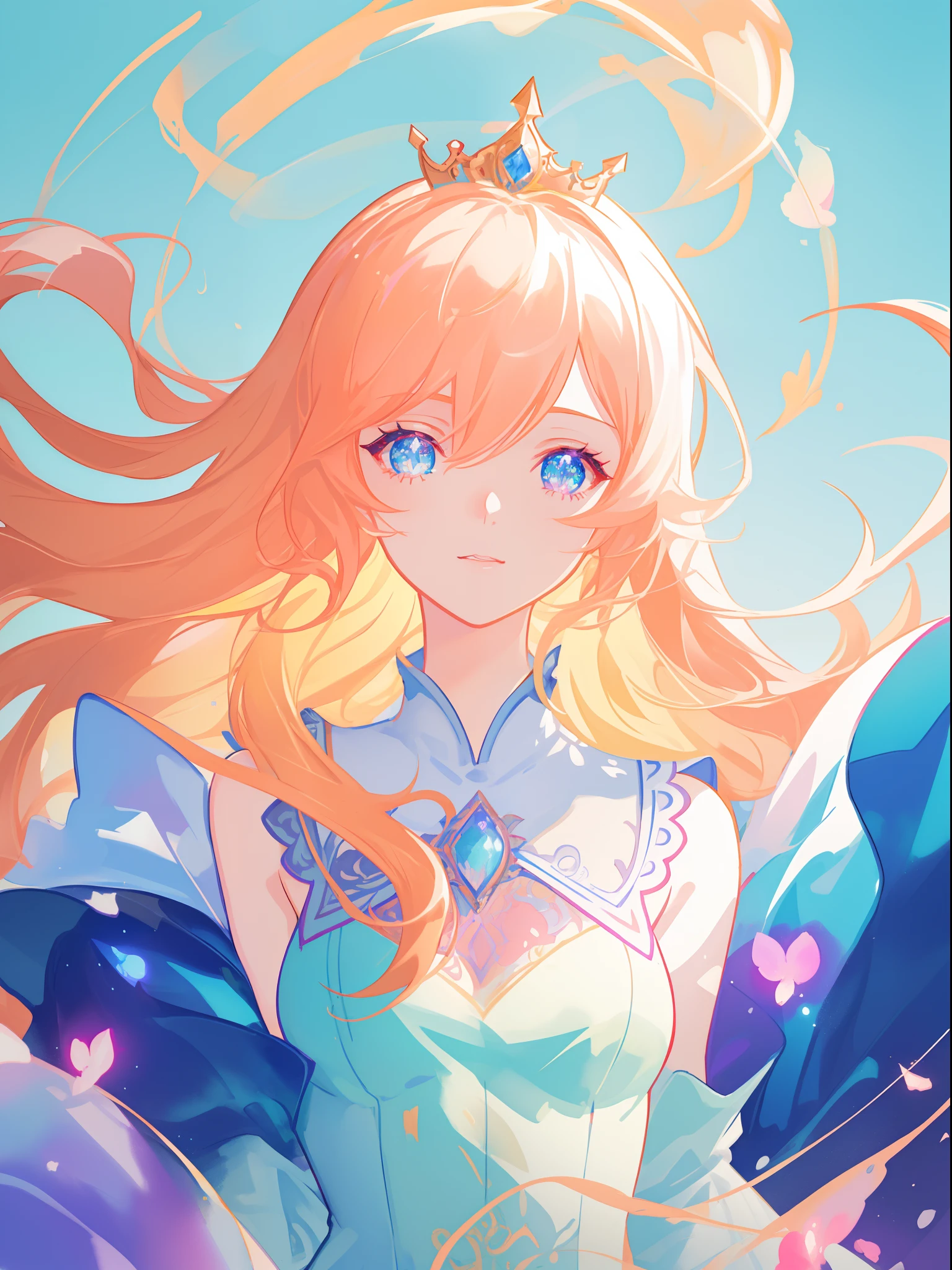 beautiful anime girl in white princess ballgown, vibrant pastel colors, (colorful), magical lights, golden long hair made of liquid light, sparkling lines of light, inspired by Glen Keane, inspired by Lois van Baarle, disney art style, by Lois van Baarle, glowing aura around her, by Glen Keane, jen bartel, glowing lights! digital painting, flowing glowing hair, glowing flowing hair, beautiful digital illustration, fantasia background, whimsical, magical, fantasy, beautiful face, ((masterpiece, best quality)), intricate details, highly detailed, sharp focus, 8k resolution, sparkling detailed eyes, liquid watercolor