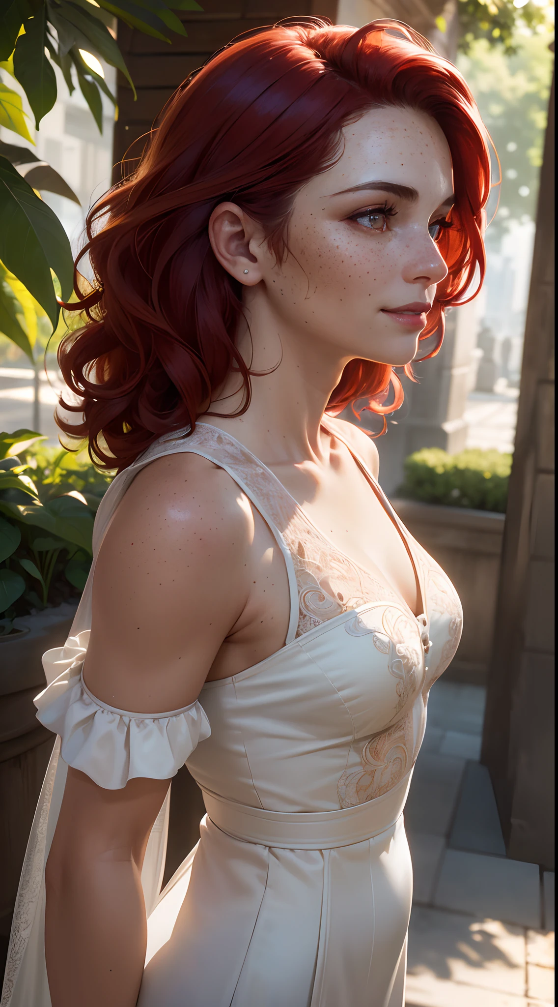 (Detailed face features:1.3), (((1mature woman))), standing wearing a long dress, (small smile, right side view, close-up photo, three-quarter posture, face picture:1.5), dynamic pose, face photo, 16k, masterpiece, best quality: 1.2), (high detailed skin), (curly red hair), ((freckles, red eyes, detailed lips)), slim, automatic white balance, (ultra realism, hyper detailed and intricate realism: 1.3), (wide depth of field, radiant mapping: 1.2), High dynamic range, vivid, rich details, clear shadows and highlights, realistic, intense, enhanced contrast, clear outdoor,