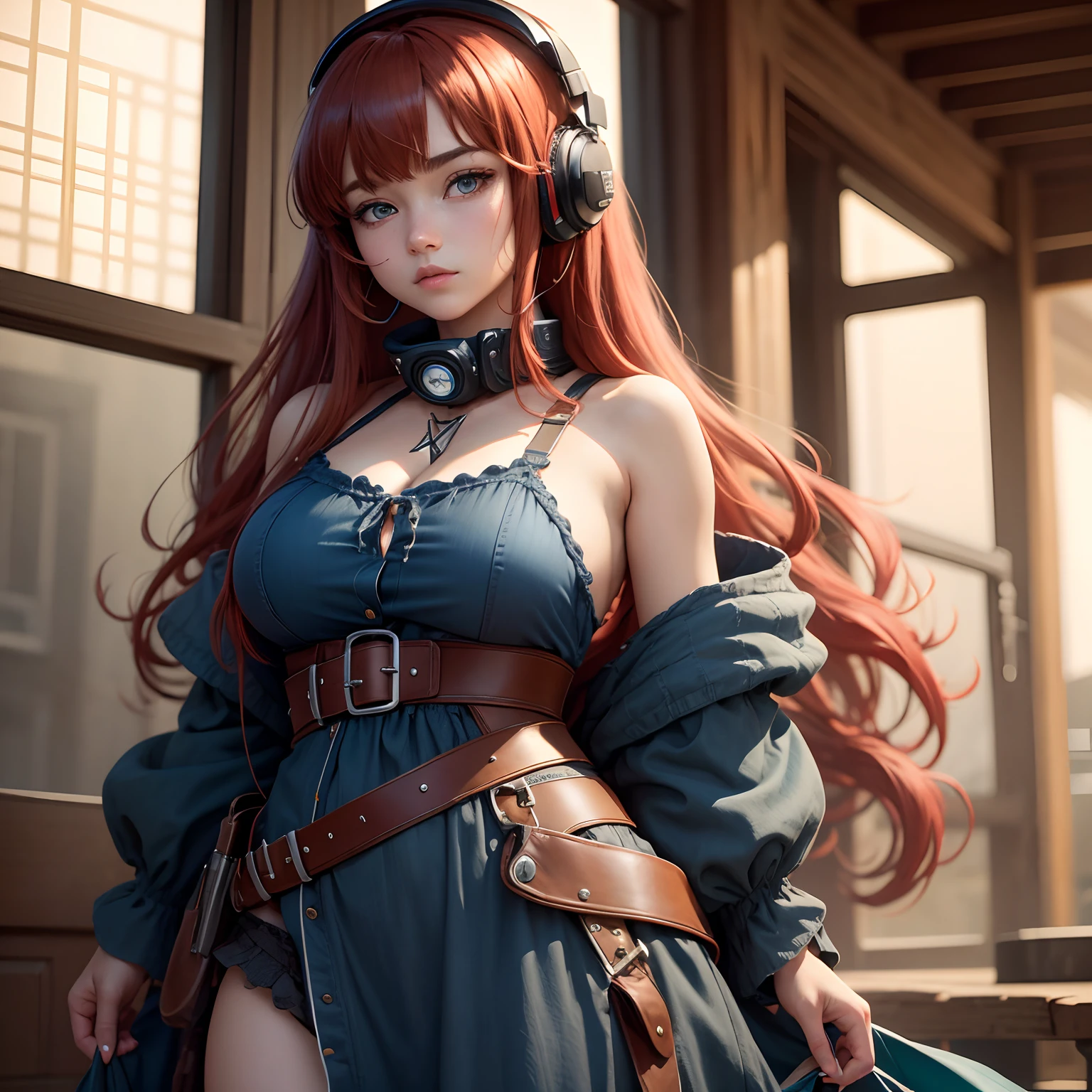 8k, masterpiece, best quality, realistic, higly detailed, cowboy shot, 1girl, solo, miku, emotionless looking girl, medium-length red hair, strands of hair hanging over the right side of her face, a set of wireless headphones that have a triangle-shaped logo on the ear cups around her neck, dark blue eyes, average height, well-endowed figure, large breasts, bangs cover her right eye, Diligencer