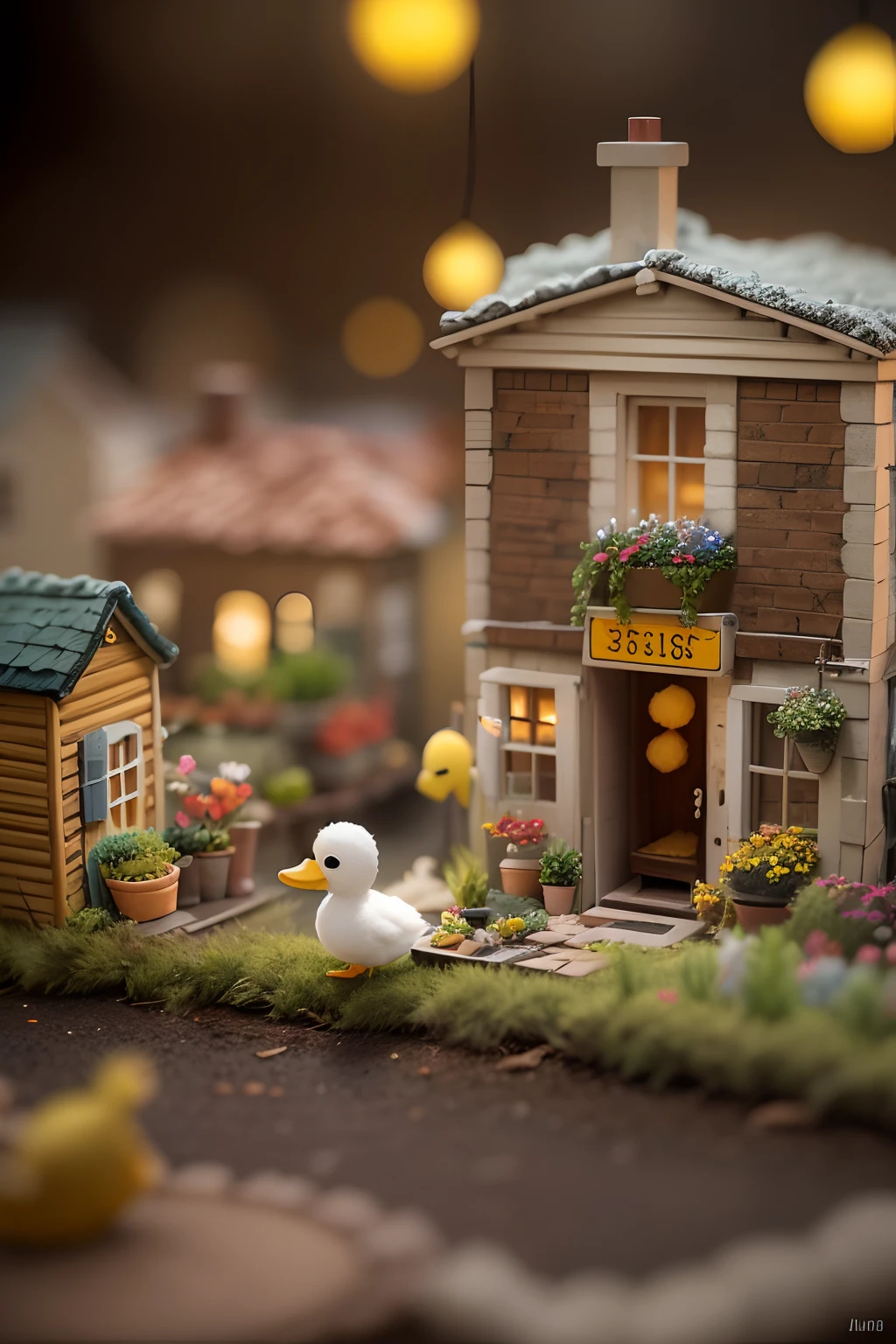 cute world of wool felt，wool knitted fabric，cartoony，Some small houses，farms，barrack，warehouses，Flower shop，super adorable，Cute duckling made of wool felt，masterful lighting，volumetr，Jon Klassen，In Studio Ghibli style，Tilt - shift，80mm lens，largeaperture，3d，Blander，tmasterpiece，super detailing，best qualtiy