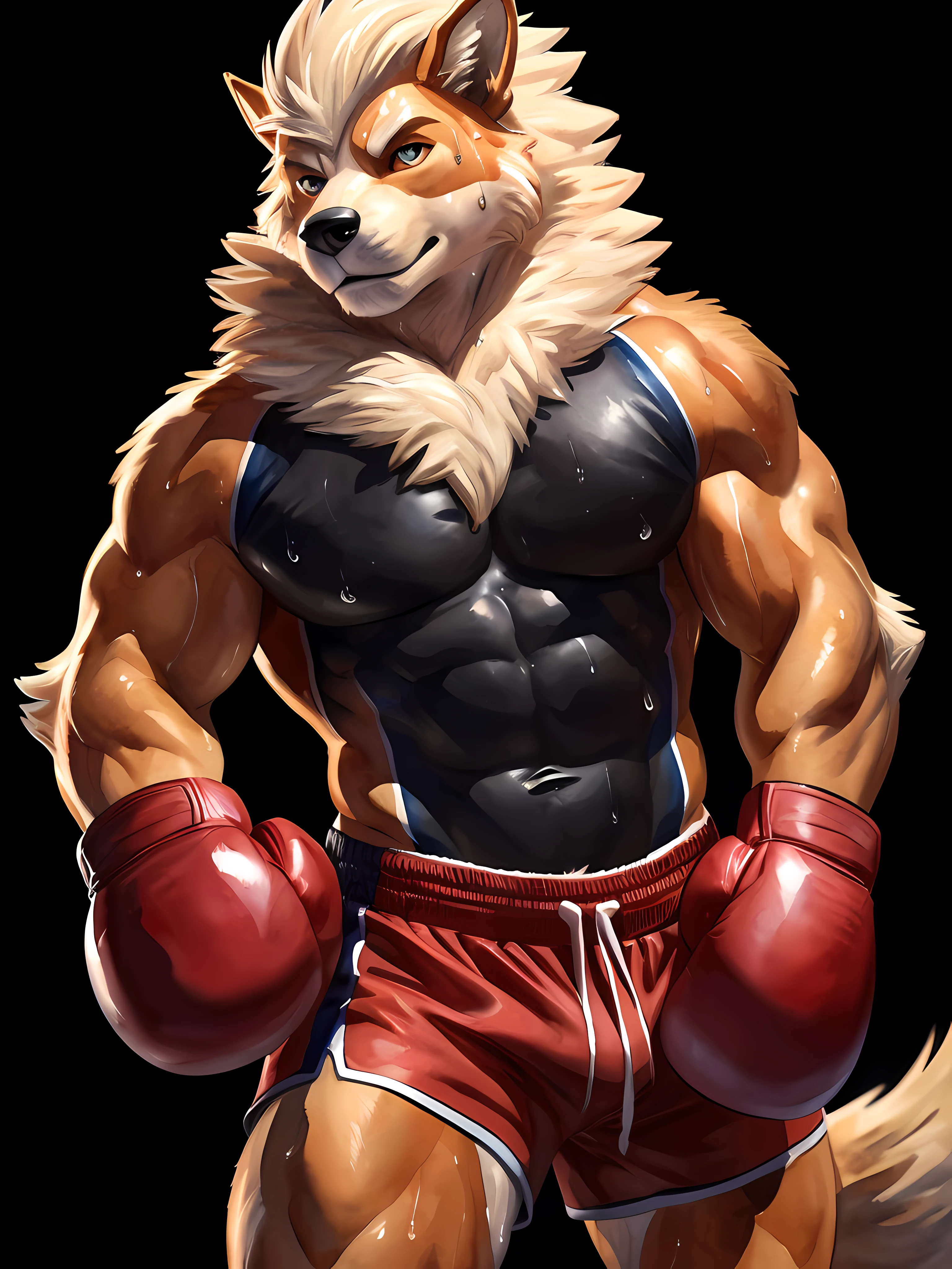 anthro Arcanine, posing for the camera, wearing boxing gloves. 4k, high resolution, best quality, posted on e621, (solo:1.2), anthro body, male, mane, adult, masculine, (athletic, muscular, heavyweight:1.2), correct anatomy, (black background, no background, featureless background:1.2), (by wfa, by spelunker_sal:1.1), (by chunie, by Taran Fiddler:0.7), (detailed eyes, bright eyes:1.2), (cel shaded:1.2), cartoony shading, (watercolors:1.2), (fluffy tail:1.2), (sweat:1.4), (boxing gloves:1.1), (boxing trunks:1.1),