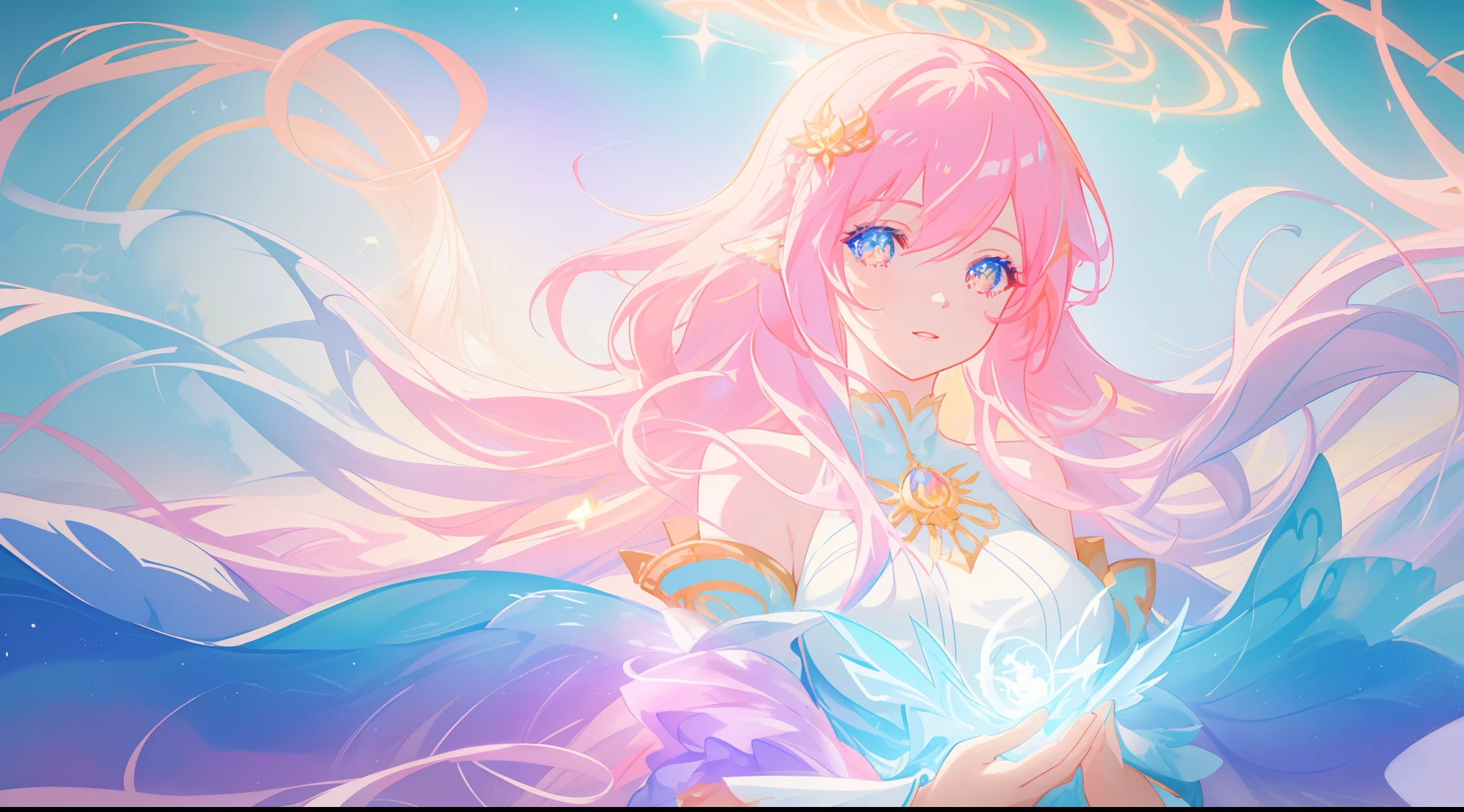 beautiful anime girl in white princess ballgown, vibrant pastel colors, (colorful), magical lights, golden long hair made of liquid light, sparkling lines of light, inspired by Glen Keane, inspired by Lois van Baarle, disney art style, by Lois van Baarle, glowing aura around her, by Glen Keane, jen bartel, glowing lights! digital painting, flowing glowing hair, glowing flowing hair, beautiful digital illustration, fantasia background, whimsical, magical, fantasy, beautiful face, ((masterpiece, best quality)), intricate details, highly detailed, sharp focus, 8k resolution, sparkling detailed eyes, liquid watercolor