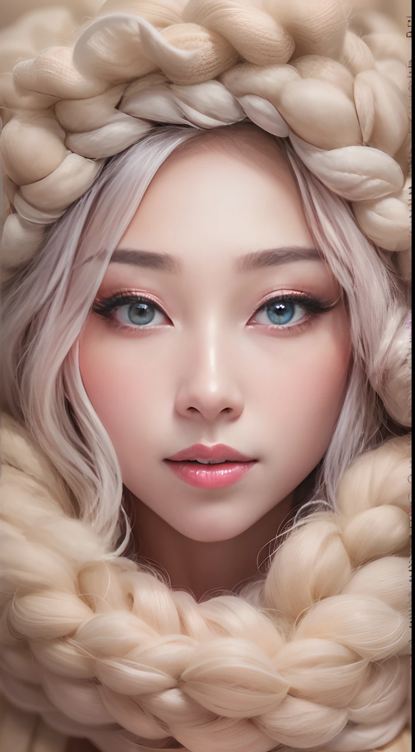 Masterpiece, Best quality, Photorealistic, Ultra-detailed, finedetail, 超高分辨率, 8K wallpaper, The face of 1 beautiful woman,Wool felt wrapped,Beautiful detailed eyes, Smile, Background wool felt world,Wool knit fabric background,
