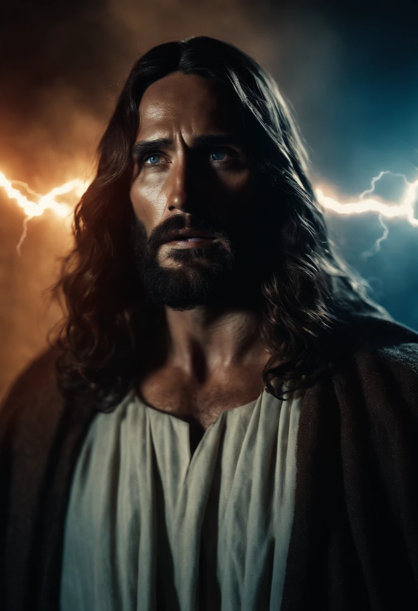 An ultra realistic 8k image of Jesus Christ in an arduous battle with satan in an apocalyptic scenario full of lightning where jesus with his aura is in fight with evil satan
