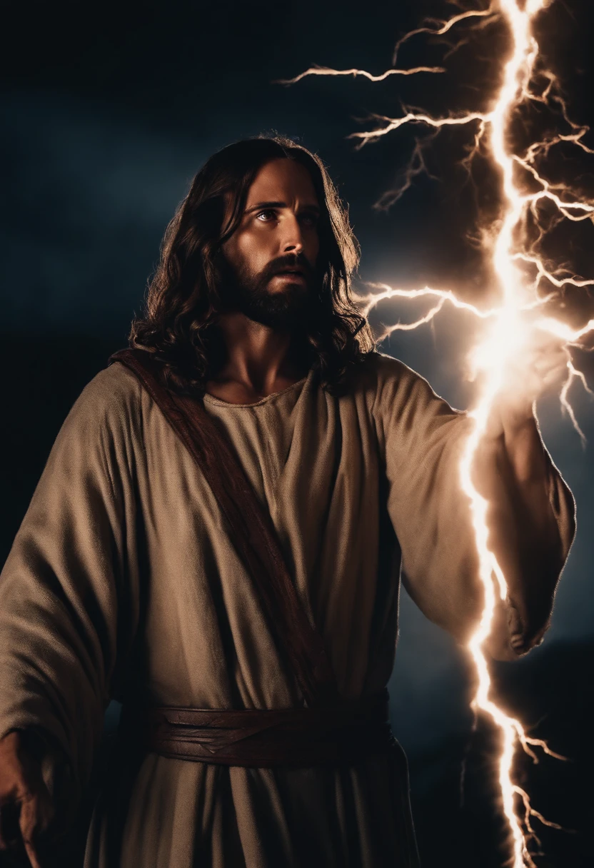 An ultra realistic 8k image of Jesus Christ in an arduous battle with satan in an apocalyptic scenario full of lightning where jesus with his aura is in fight with evil satan