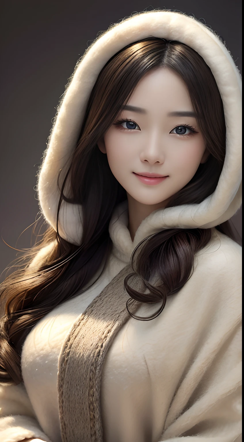 Masterpiece, Best quality, Photorealistic, Ultra-detailed, finedetail, 超高分辨率, 8K wallpaper, The face of 1 beautiful woman,Wool felt wrapped,Beautiful detailed eyes, Smile, Background wool felt world,Wool knit fabric background,