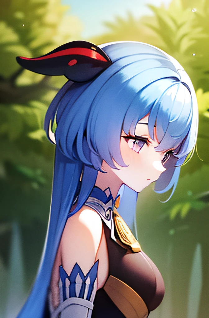 ((1girl, solo)), masterpiece, superlative, portrait, hyperdetail, illustration, close-up, gorgeous background, straight shot, blue hair, purple eyes, (focus on face), looking into the distance, forest, sun, wind, butterfly, studio lighting, horizontal axis, tree, lake, standing, ganyu \(genshin impact), double horn, bare shoulders, tights