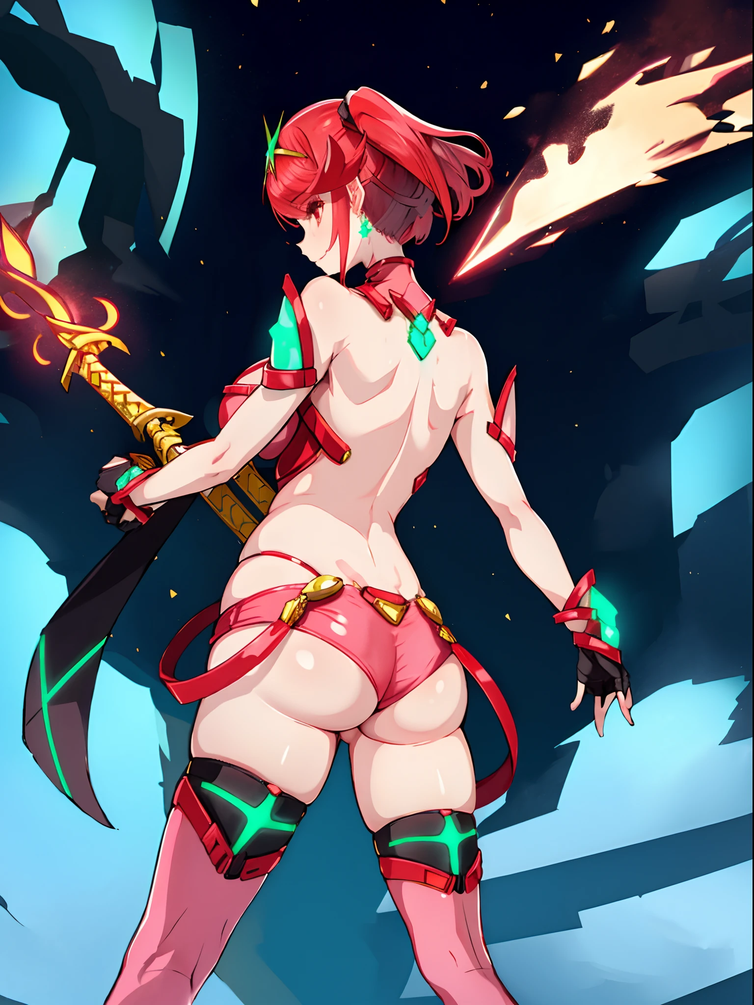 pyra \(xenoblade\), teen_1girl, loli, bangs, black gloves, breasts, red eyes, shout, earrings, eyelashes, fingerless gloves, floating hair, , gem, gloves, hair ornament, headpiece, jewelry, gigantic_breasts, leaning back, swimsuit, neon trim, official art, pose, red hair, saitou masatsugu, short hair, sidelocks, skin tight, solo, swept bangs, thighhighs, tiara, fantasy_town_background, underbust, xenoblade chronicles \(series\), (xenoblade chronicles 2), (spread_legs:1.1), fire_effect,dynamic_pose,fighting,light_smile, (plump:1.1), big_ass,huge_sword, hold_large_sword_hilt, covered_nipples, covered_pussy, fists,ponytail,beautiful_fingers,(solo:1.1), bare_shoulder,(shoulder_naked:1.2), nipple_jewel,back, back_view, focus_ass,ass, (very_short＿shorts:1.3),(lise_leg:1.4)