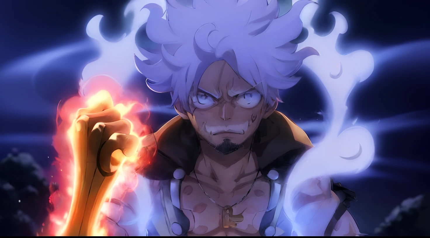 A man with white hair and a white beard holds a bright light, a silver haired mad, from one piece, Otaku Gangasta, Black clover screenshot, Equip Luffy 5, offcial art, gyro zeppeli, closeup cleavage!!!!!!, News, Luffy, anime key art, Macaque D Luffy, ohararyu, best anime character design, in the anime film