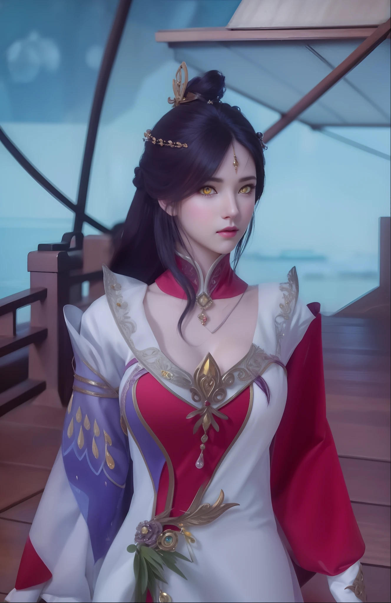 (hyperrealistic), (illustration), (high resolution), (8K), (extremely detailed), (best illustration), (beautiful detailed eyes), (best quality), (ultra-detailed), (masterpiece), (wallpaper), (photorealistic), (natural light), (rim lighting), (detailed face), (high detailed realistic skin texture), (anatomically correct), (solo), (1 girl), (high detailed realistic hair), (purple black hair:1.35), (heterochromic eyes), (detailed eyes), (yellow eyes:1.37), (sparkling eyes), (realistic big breasts:1.5), (exposed breasts:1.35), (long legs), (slender abs), (dynamic pose), (closed tiny mouth:1.3), nsfw, concentrated expression.