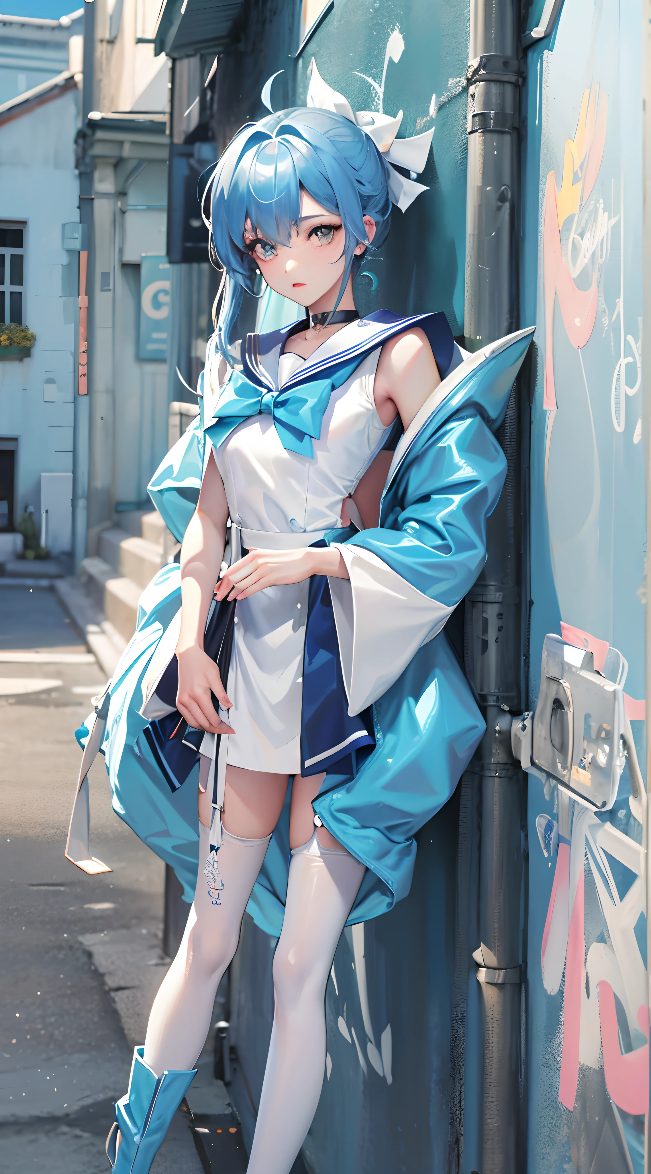 anime girl with blue eyes and a blue bow on her head, sayori, anime visual of a cute girl, clear outfit design, my dress up darling anime, anime visual of a young woman, !!full body portrait!!, shoujo manga character design, kawaii shirt and jeans, shikamimi, shoujo manga, aya takano color style, harumi, realistic