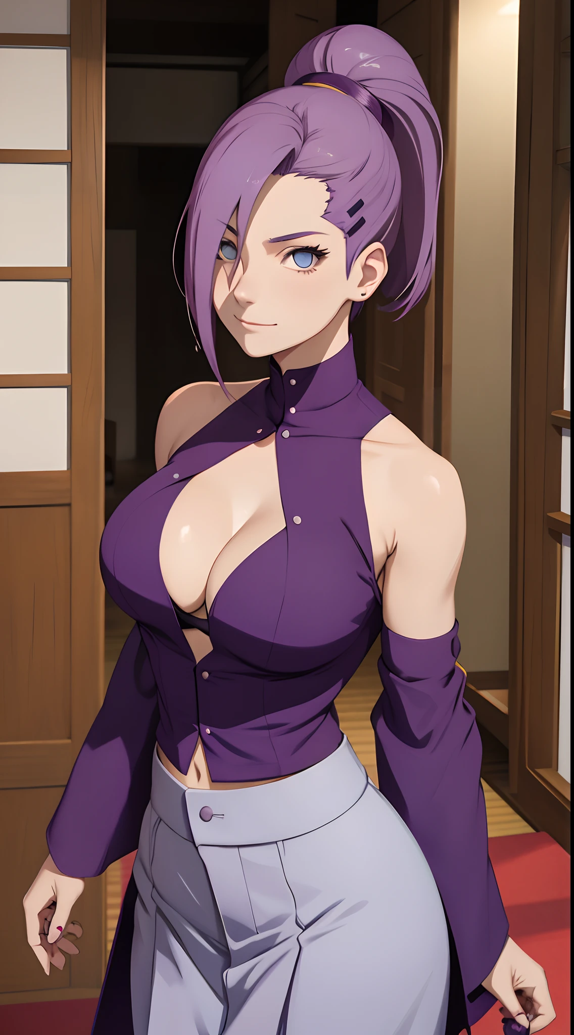 Ino yamanaka， komono， nevando， sitted，Purple clothes，Off-the-shoulder attire，cleavage，ssmile，Be red in the face，inside in room，Close-up close-up，with a good figure