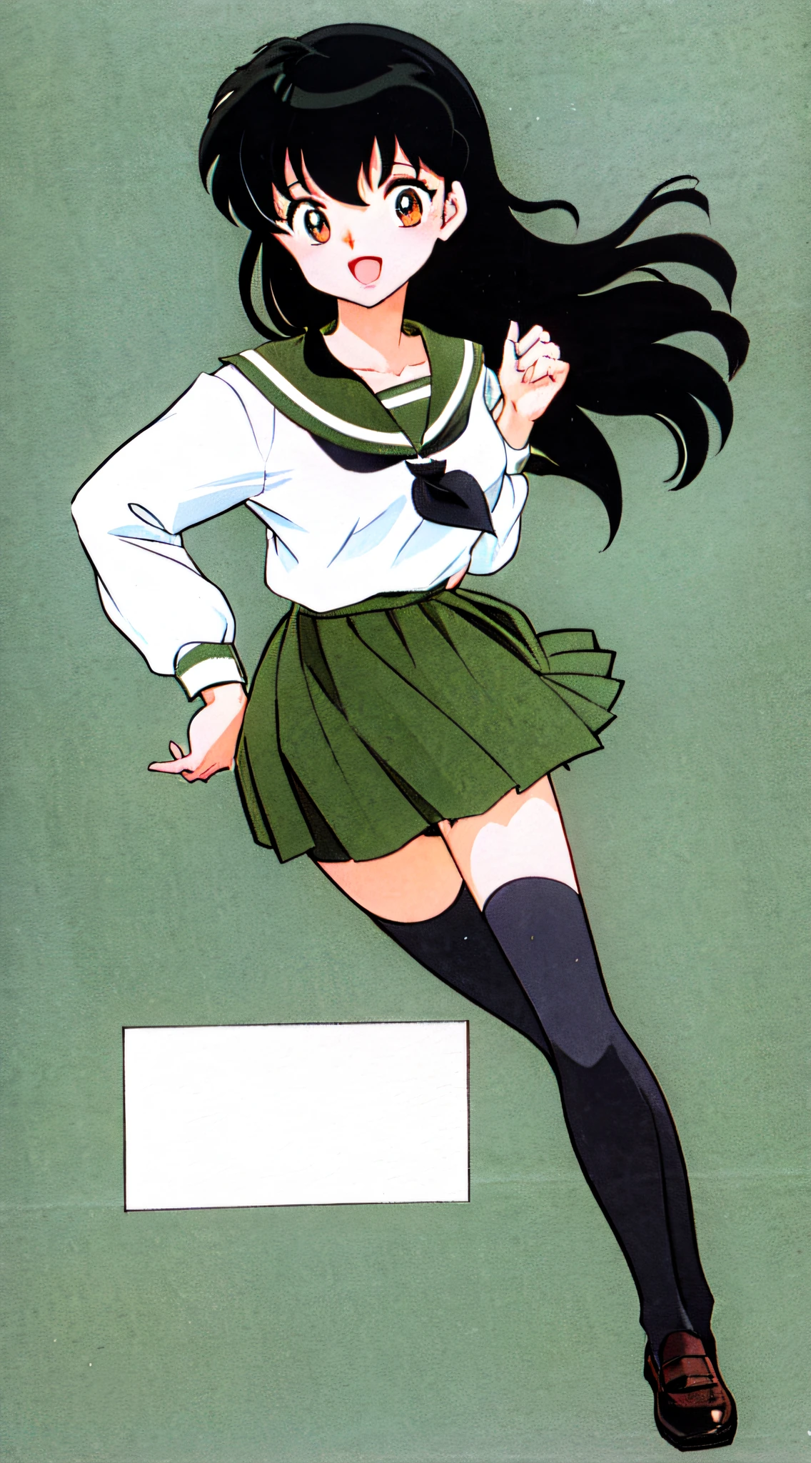 Higurashi Kagome,1girl, skirt, solo, school uniform, long hair, black hair, green skirt, smile, serafuku, open mouth, pleated skirt, neckerchief, looking at viewer, sailor collar, brown eyes, thighhighs, long sleeves, white shirt, shirt, green sailor collar, (red neckerchief:1.2), :d, cowboy shot, black thighhighs,