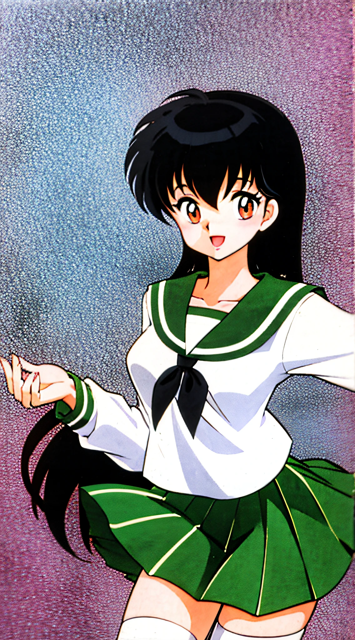 Higurashi Kagome,1girl, skirt, solo, school uniform, long hair, black hair, green skirt, smile, serafuku, open mouth, pleated skirt, neckerchief, looking at viewer, sailor collar, brown eyes, thighhighs, long sleeves, white shirt, shirt, green sailor collar, (red neckerchief:1.2), :d, cowboy shot, black thighhighs,