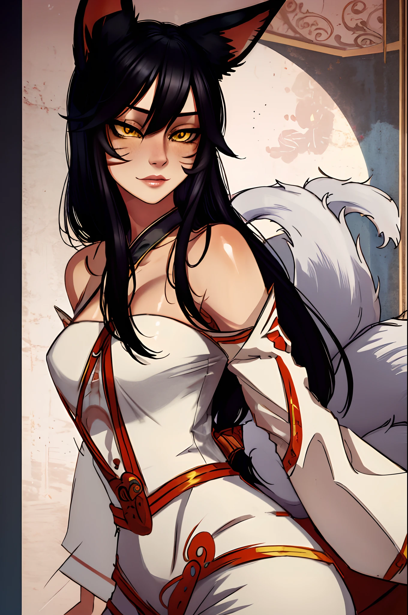 masterpiece, best quality, ah1, facial mark, fox tails, korean clothes, face portrait, detailed face, beautiful, detailed face, detailed eyes, Ahri_Cosplay, yellow eyes, Black long hair, fox ears, sexy look