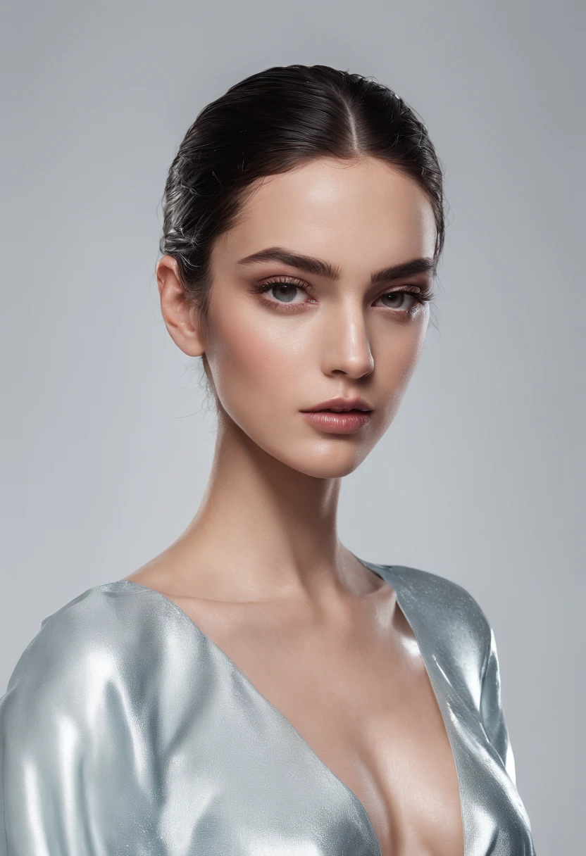 Photograph of a clothed Arab woman, wet hair pulled back, Wet jeans, couleur de peau brune, hair slicked back, beautiful symmetrical face, ultra realist, Fashion Editorial, elegant, highly detailed, complexe, mise au point nette, 85 mm, Prise de vue du corps entier, (centered image composition), Tendances sur Instagram