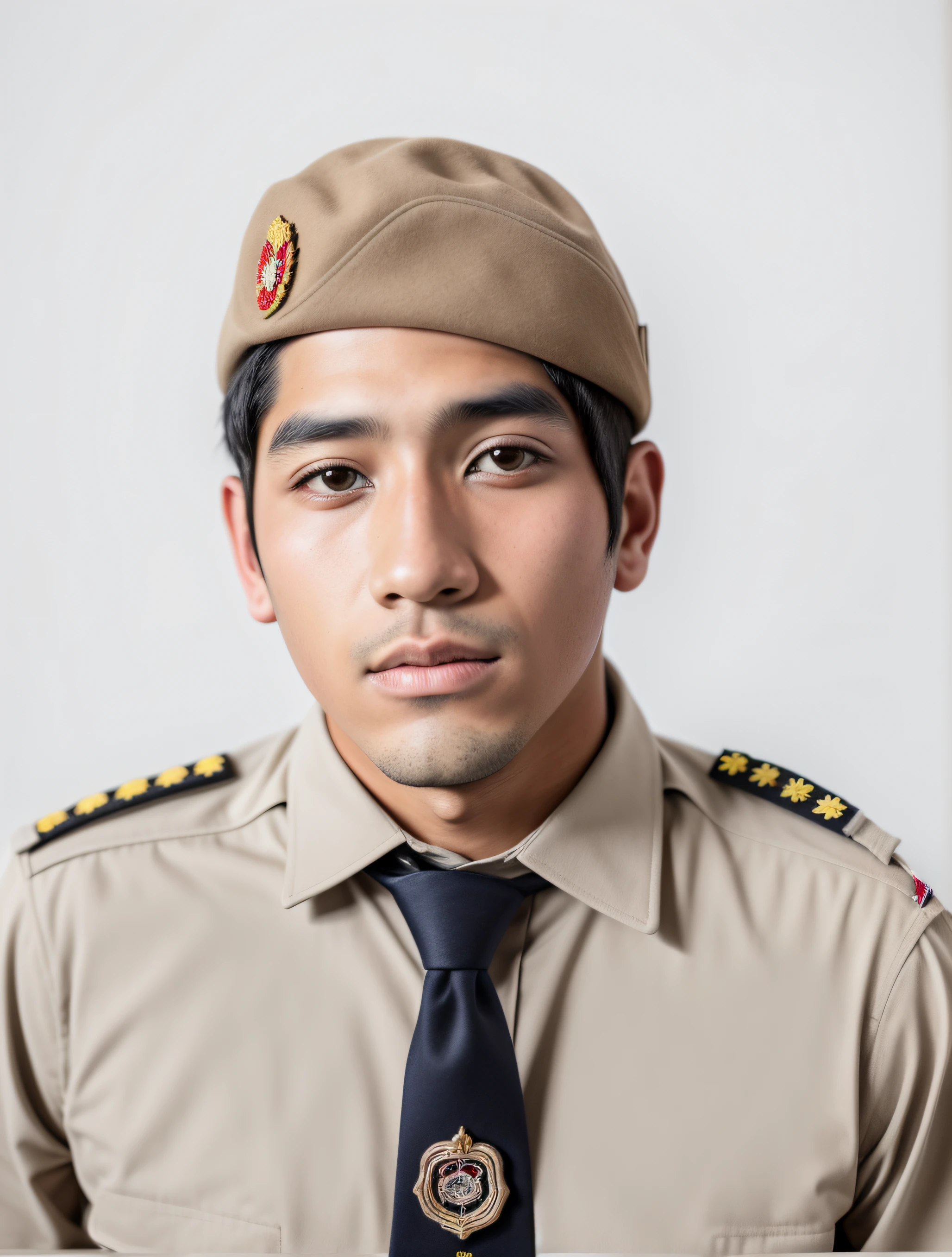 This image features a man with dark skin and graying hair in a light beige formal uniform with various insignia. He is standing against a bright blue background, His outfit includes epaulettes with yellow and blue stripes, a badge on the right chest, and a name tag that reads "KHAIRUL AMRI." Create in 3D Animation