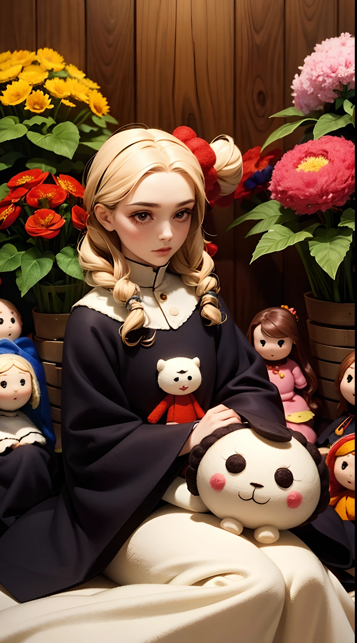 A wool felt doll surrounded by various flowers,Dolls have real faces,The clothes and hair are made of wool felt。a warm color palette,