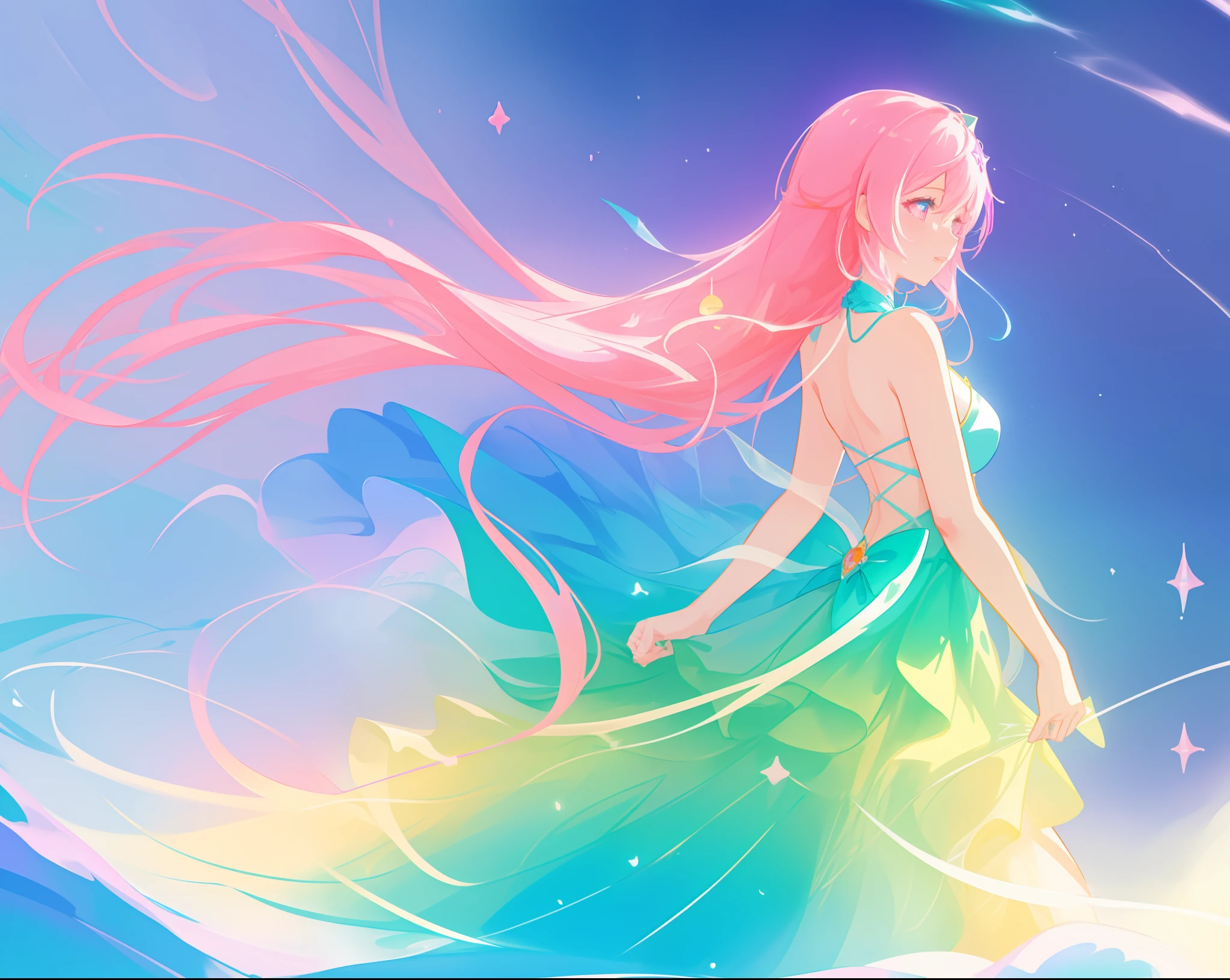 beautiful anime girl in colorful ballgown, vibrant pastel colors, (colorful), magical lights, sparkling liquid light, inspired by Glen Keane, inspired by Lois van Baarle, disney art style, by Lois van Baarle, glowing aura around her, by Glen Keane, jen bartel, glowing lights! digital painting, flowing glowing hair, glowing flowing hair, beautiful digital illustration, fantasia background, whimsical, magical, fantasy, beautiful face, ((masterpiece, best quality)), intricate details, highly detailed, sharp focus, 8k resolution, sparkling detailed eyes, liquid watercolor