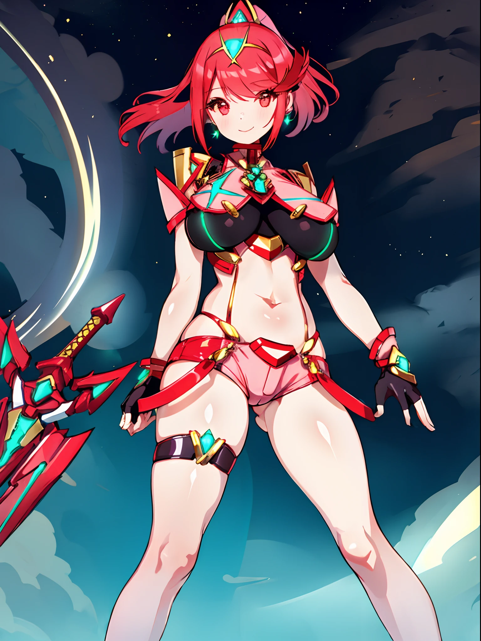 pyra \(xenoblade\), _1girl, lolibangs, black gloves, breasts, red eyes, shout, earrings, eyelashes, fingerless gloves, floating hair, , gem, gloves, hair ornament, headpiece, jewelry, gigantic_breasts, leaning back, swimsuit, neon trim, official art, pose, red hair, saitou masatsugu, short hair, sidelocks, skin tight, solo, swept bangs, thighhighs, tiara, fantasy_town_background, underbust, xenoblade chronicles \(series\), (xenoblade chronicles 2), (spread_legs:1.1), fire_effect,dynamic_pose,fighting,light_smile, (plump:1.1), big_ass,huge_sword, hold_large_sword_hilt, covered_nipples, covered_pussy, fists,ponytail,beautiful_fingers,(solo:1.1), bare_shoulder,(shoulder_naked:1.2), nipple_jewel,back, back_view, focus_ass,ass, (very_short_shorts:1.3),(lise_leg:1.4)