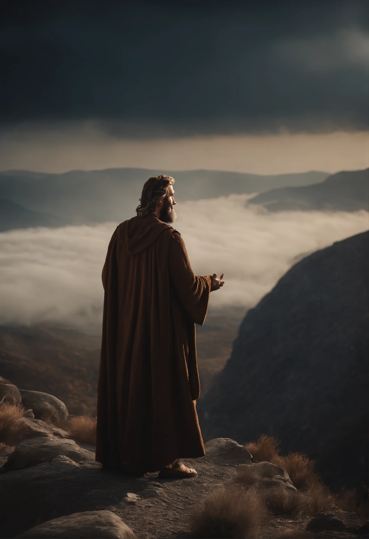 The prophet Elijah with a cloak in his hand on a mountaintop preaching to a crowd.