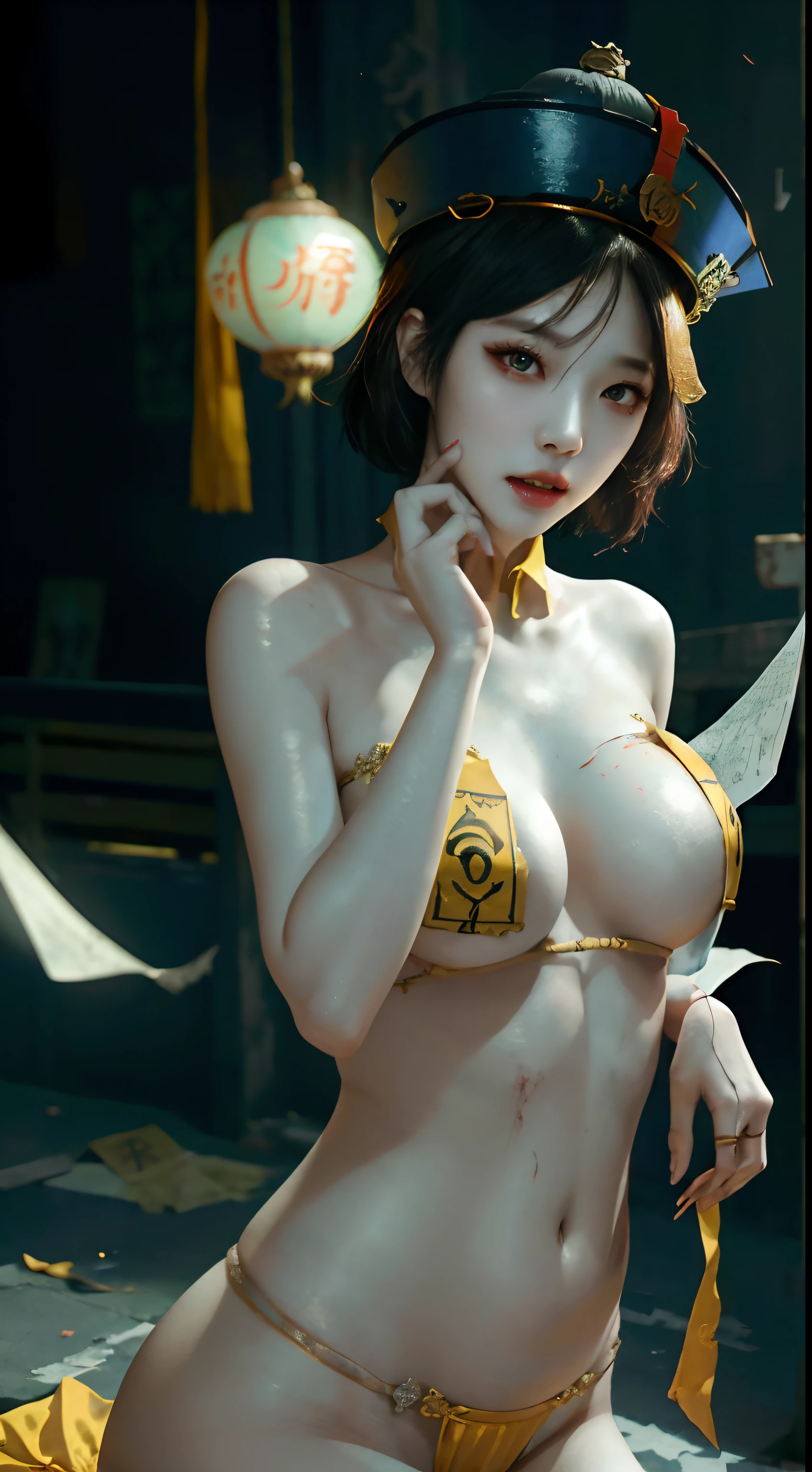 RAW, masterpiece, super fine photo, best quality, super high resolution, realistic, moonlight, night, a beauty, short hair, delicate facial features, perfect face, big breasts, huge breasts, cleavage, yellow rune paper pasted on the face, a lot of Taoist rune paper pasted on the body, Qing dynasty official hat, belly pocket, female zombie, Hong Kong lam cheng ying zombie movie character, pale skin, fair skin, shiny skin, vampire teeth, amazing beauty, dynamic pose, delicate face, abandoned warehouse background, messy, gorgeous, high detail skin, Realistic skin detailing, sharp focus, volumetric light, 8k UHD, DSLR, high quality, film grain, realism