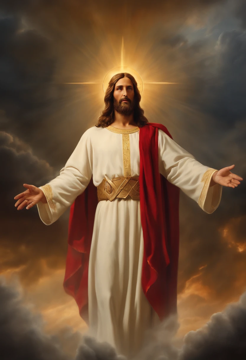 (best quality,4k,8k,highres,masterpiece:1.2),ultra-detailed,(realistic,photorealistic,photo-realistic:1.37),Jesus Christ defeating Satan,traditional oil painting,Satan portrayed as a powerful and menacing figure with red eyes and horns,details of Jesus' face with kind and compassionate eyes,beautifully flowing golden hair,vibrantly colored robes,glorious halo around Jesus' head,dramatic lighting emphasizing the victory of good over evil,majestic background showcasing a heavenly landscape with rays of divine light piercing through clouds,symbolic elements depicting the struggle between darkness and light,surrounding angels with outstretched wings and serene expressions.