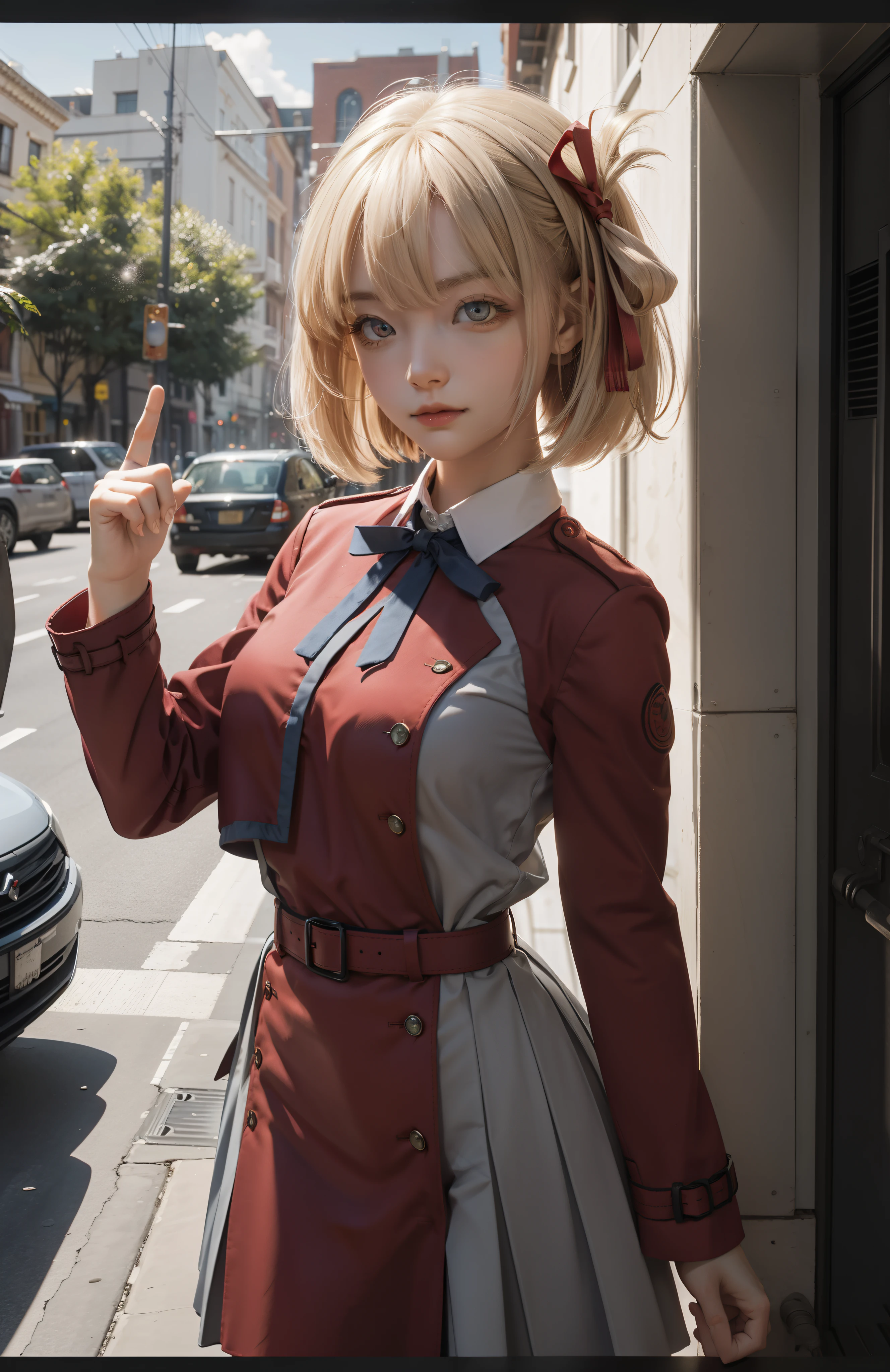 chisatonishikigi, nishikigi chisato, short hair, bangs, blonde hair, (red eyes:1.5), hair ribbon, one side up, bob cut,
BREAK shirt, long sleeves, dress, ribbon, white shirt, collared shirt, belt, neck ribbon, red dress, blue ribbon, pleated dress, grey dress, two-tone dress, red belt, lycoris uniform,,
BREAK outdoors, city,
BREAK looking at viewer, BREAK (masterpiece:1.2), best quality, high resolution, unity 8k wallpaper, (illustration:0.8), (beautiful detailed eyes:1.6), extremely detailed face, perfect lighting, extremely detailed CG, (perfect hands, perfect anatomy),